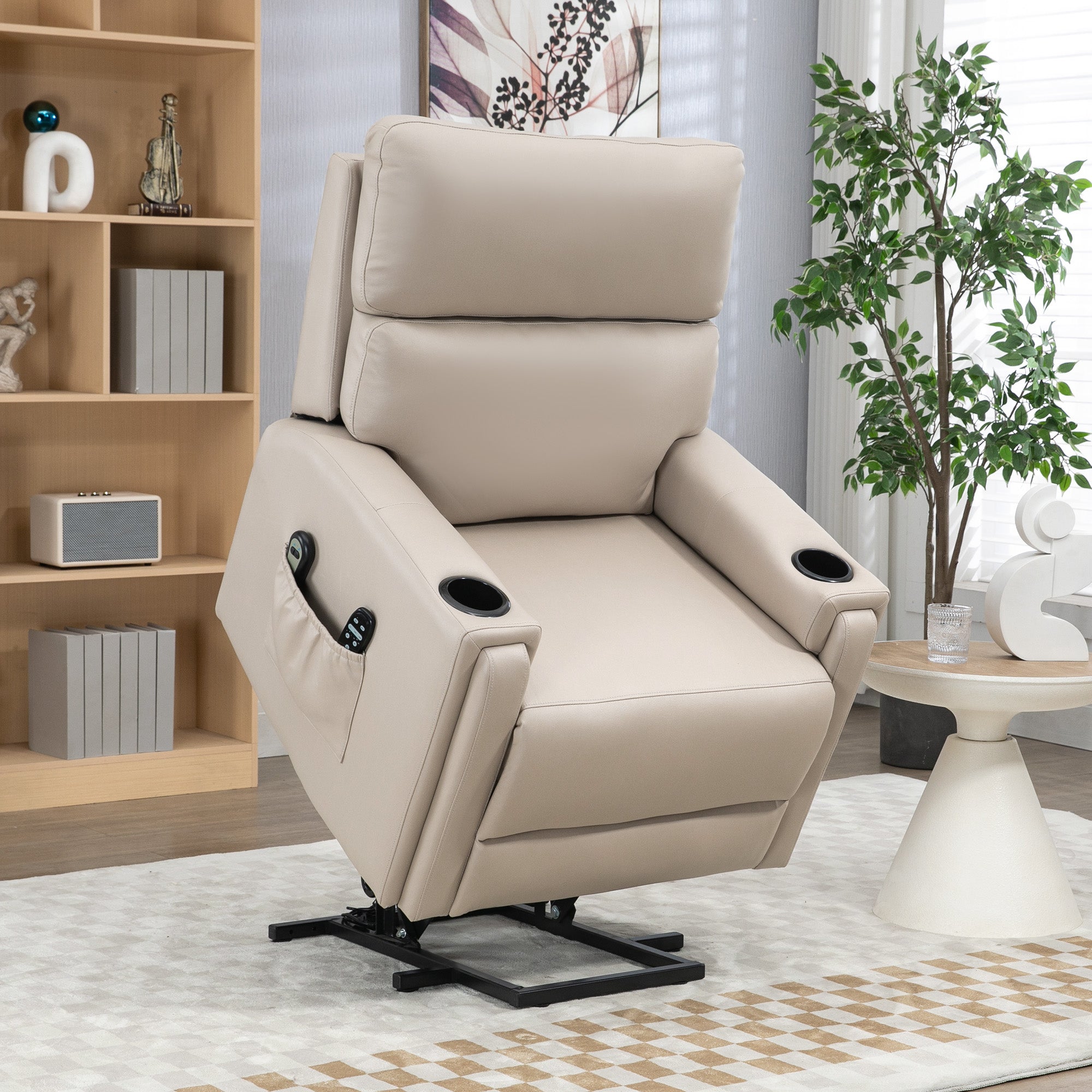 Power Lift Riser Recliner Chair with Massage, Heat and Cup Holders – Beige Microfibre