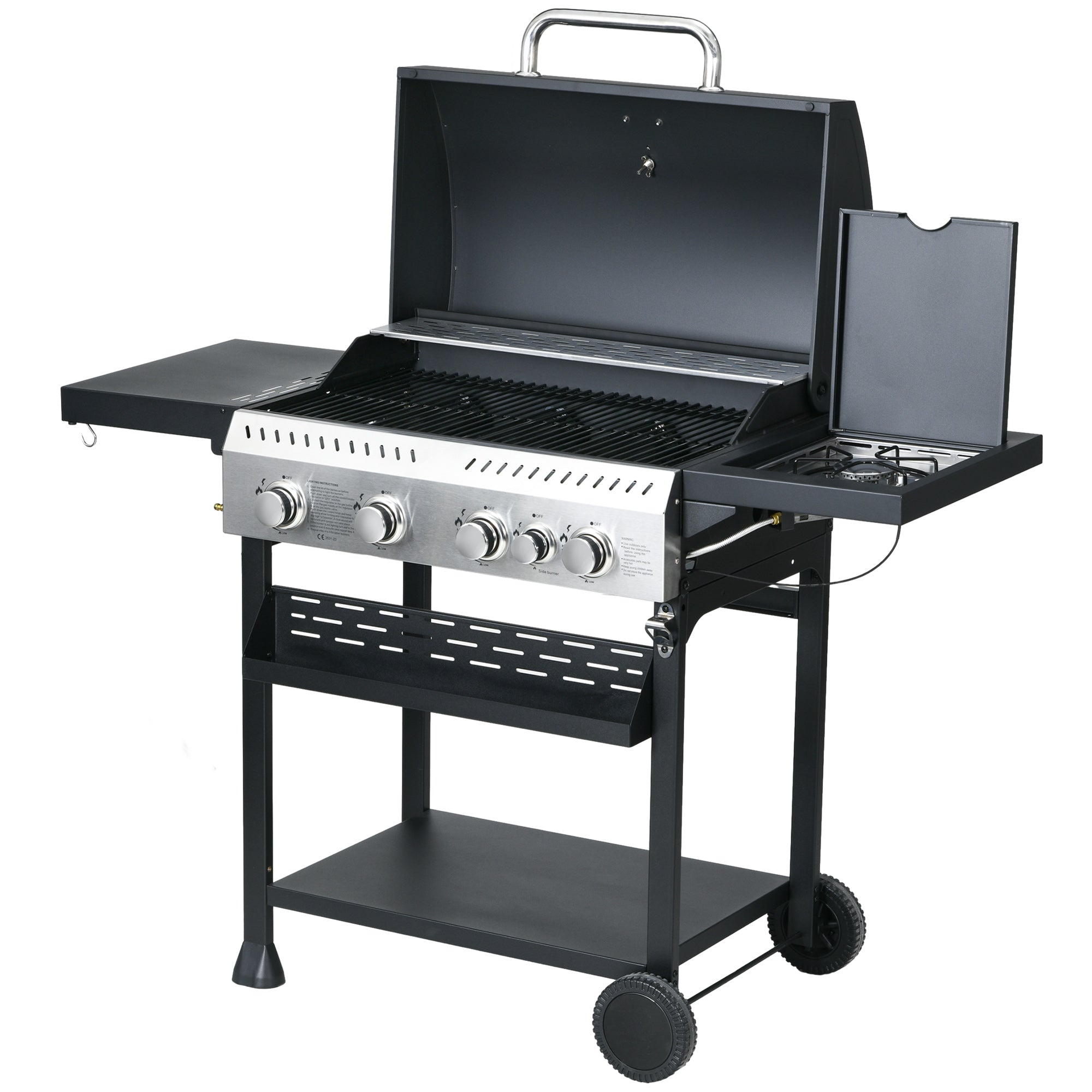 Galvanised Steel 4+1 Gas Burner BBQ Grill Trolley - Black