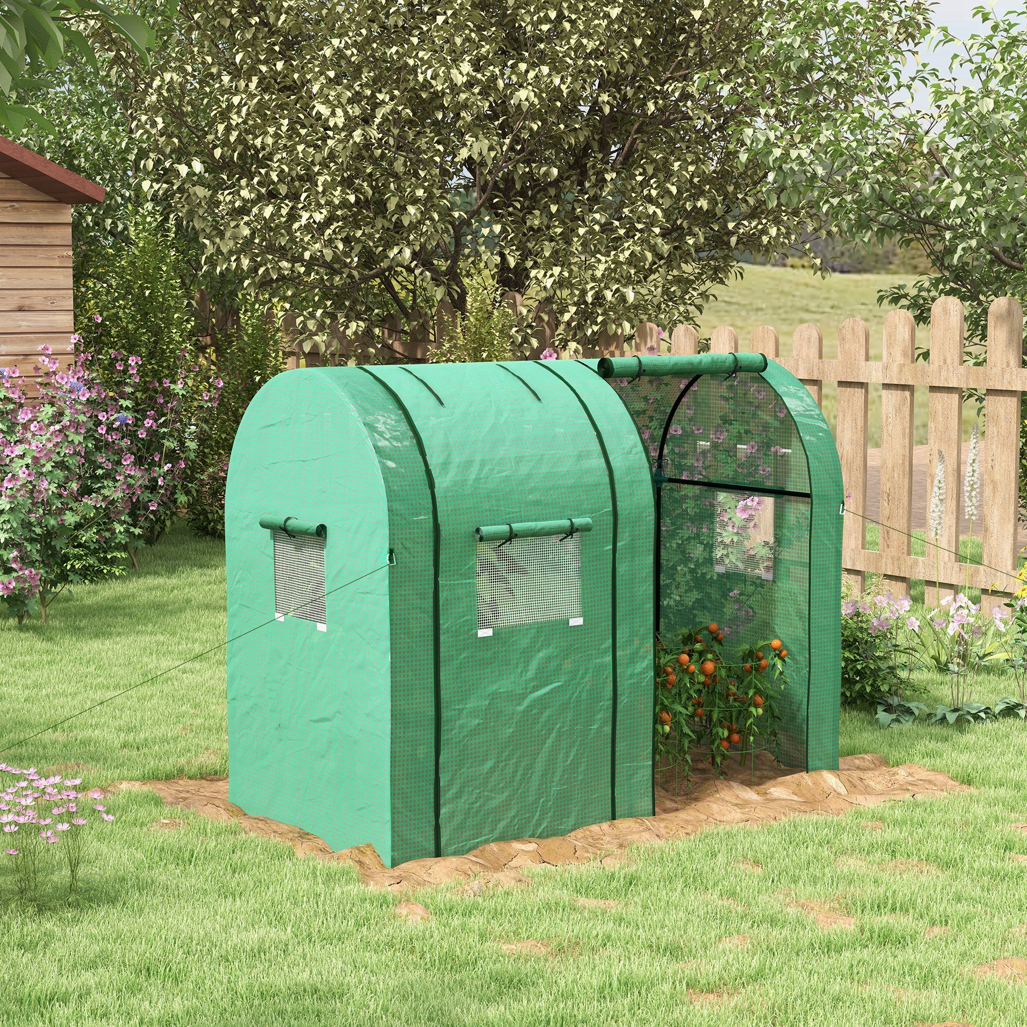 Portable 2 Room Tomato Greenhouse with Roll-Up Doors and Mesh Windows - Green