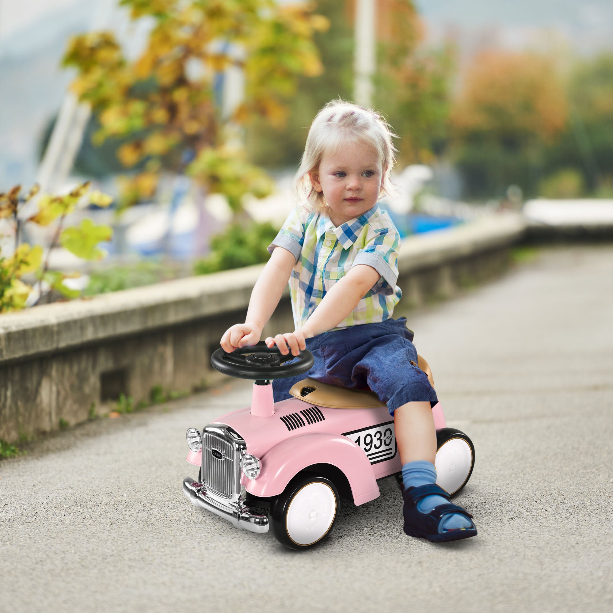 Foot to Floor Toddler Slider Ride-On Car with Horn and Under-Seat Storage 12-36 Months - Pink