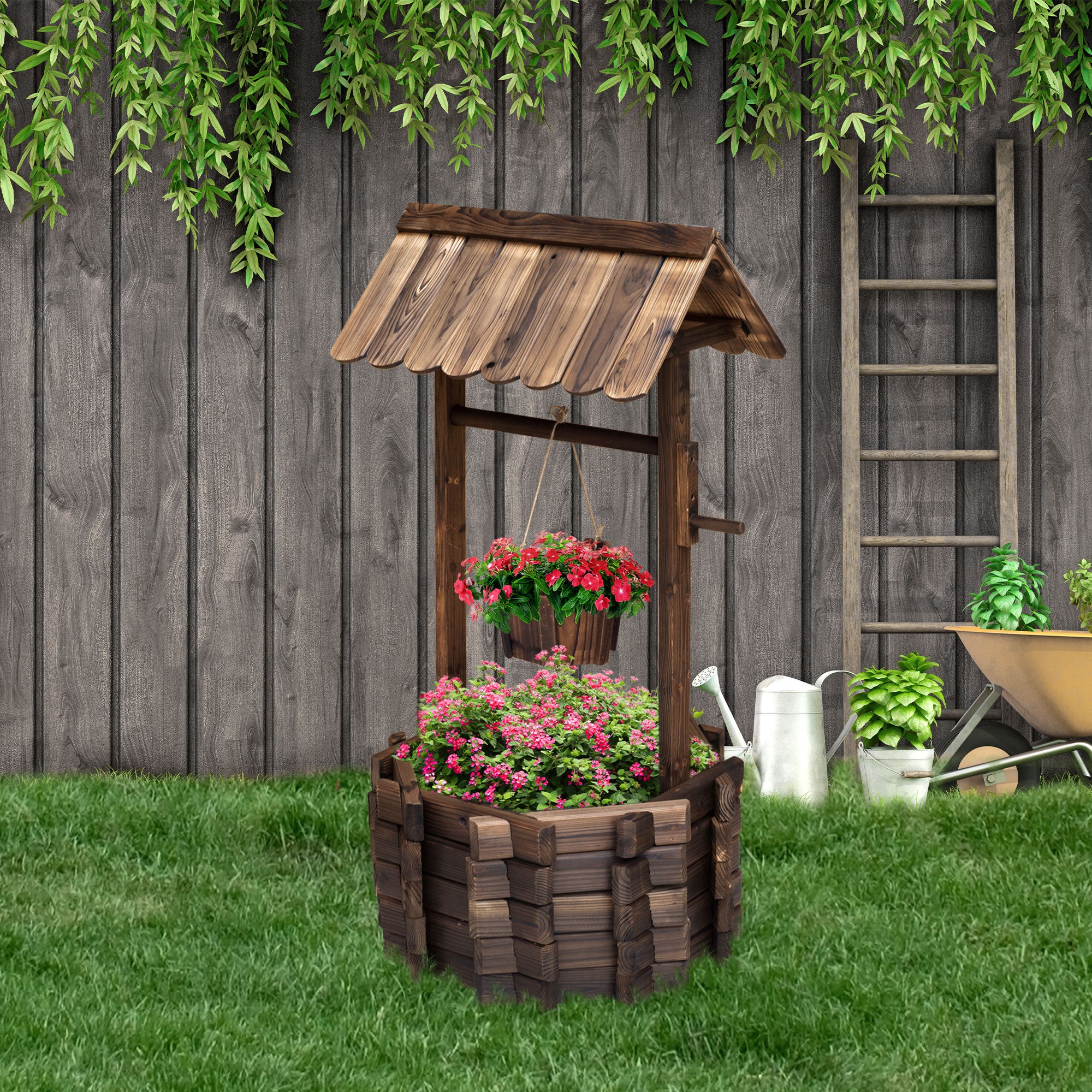 Wooden Wishing Well Planter with Bucket for Outdoor Garden Decor - Brown