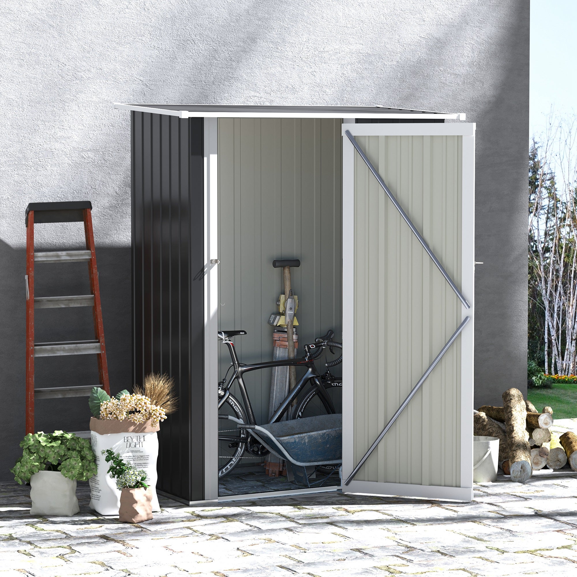 Garden Storage Shed with Lockable Door and Sloped Roof - Grey Steel Frame