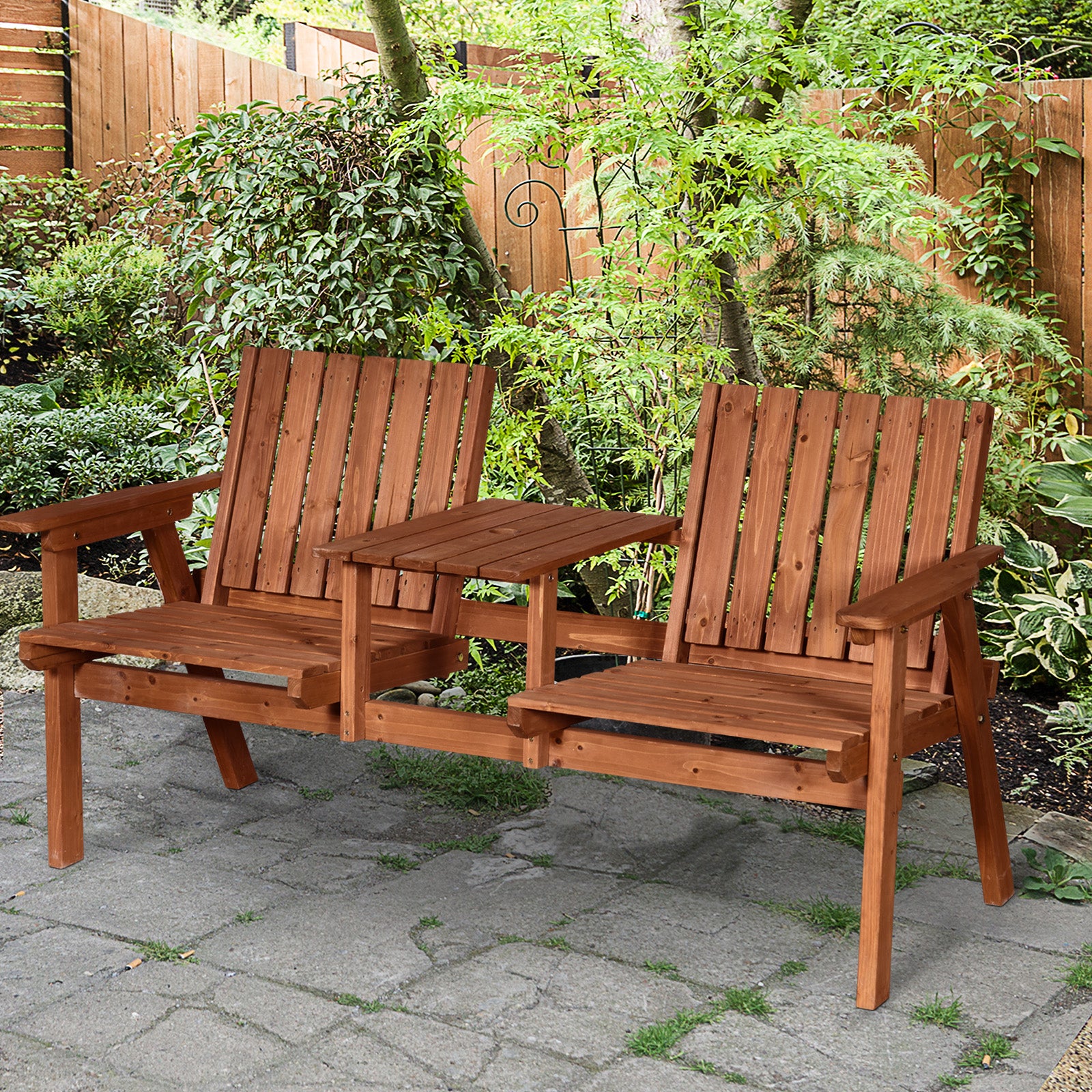 2 Piece Fir Wood Garden Bench and Table Set with Parasol Hole - Orange