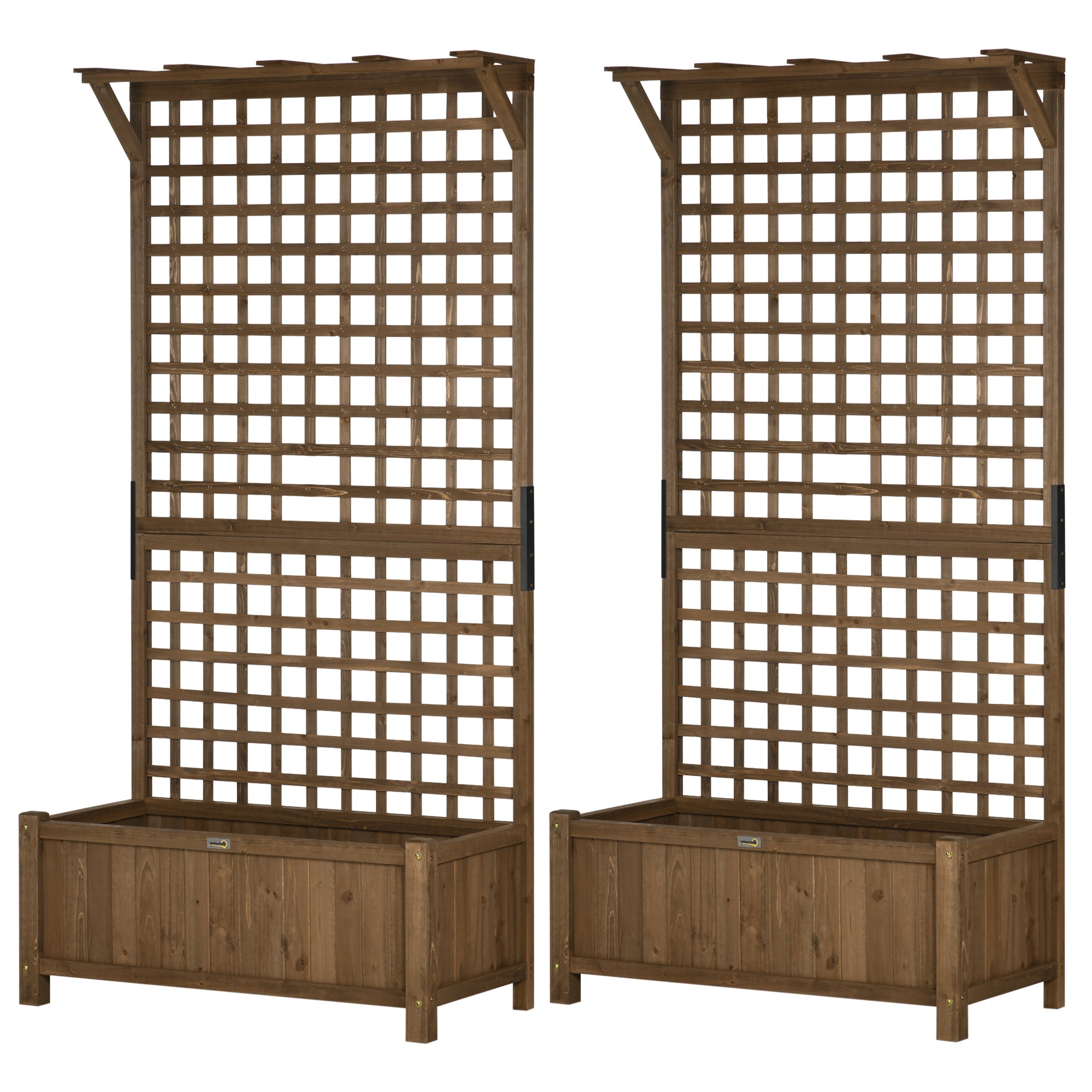 Set of 2 Raised Fir Wood Planters with Trellis and Drainage Holes - Brown