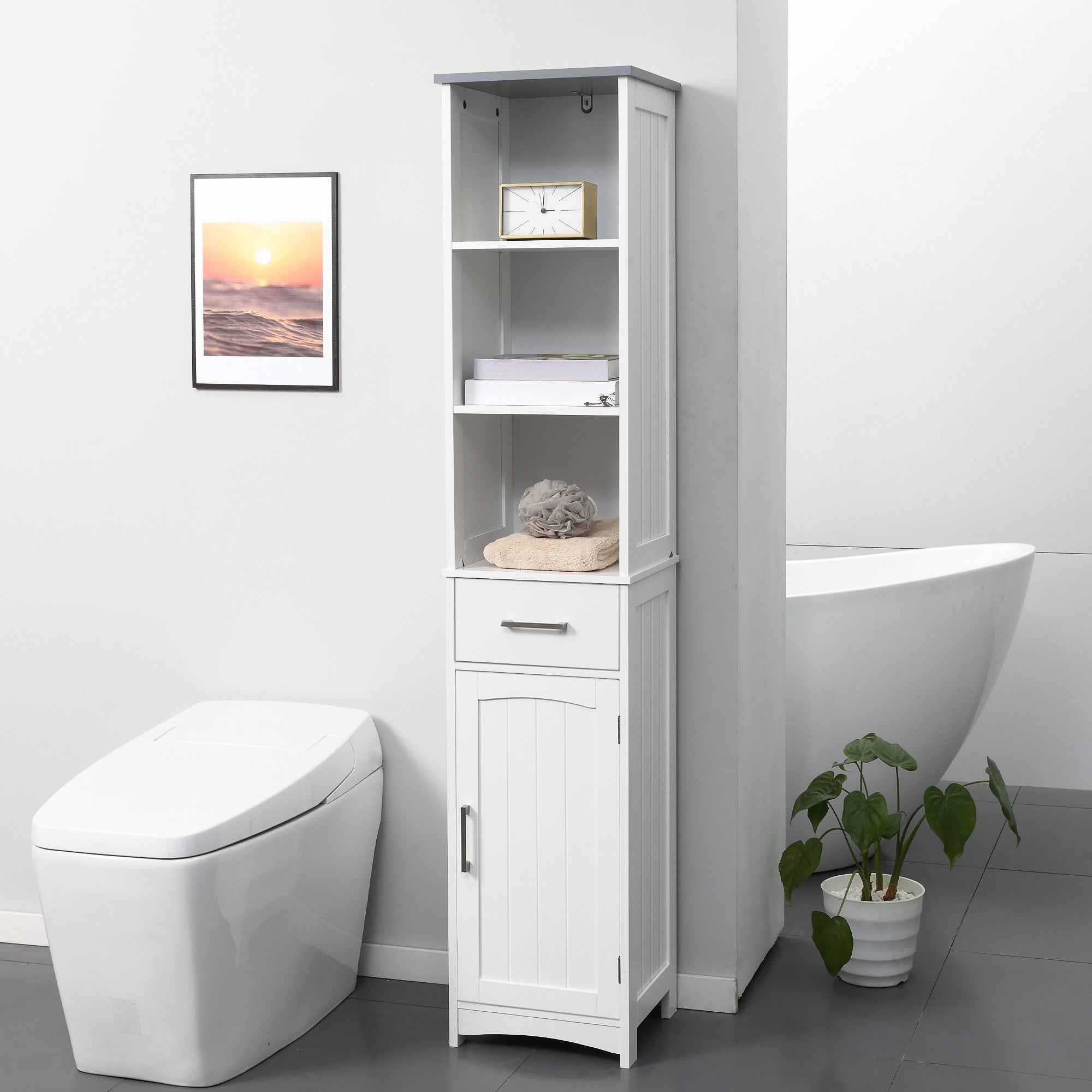 Tall Freestanding Bathroom Storage Cabinet with Three Shelves - White
