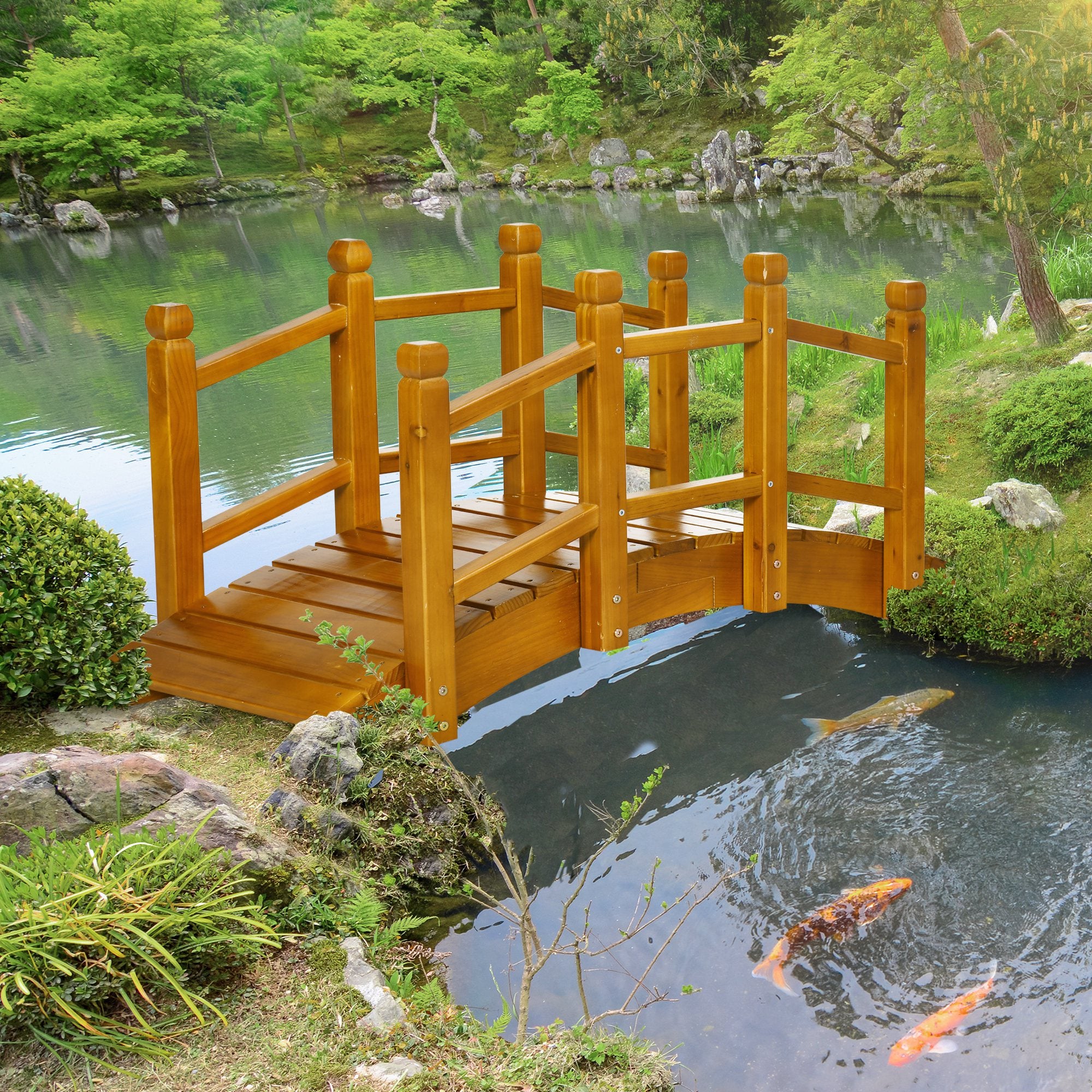 Wooden Garden Footbridge with Safety Railings, Arched Pond Bridge - Brown