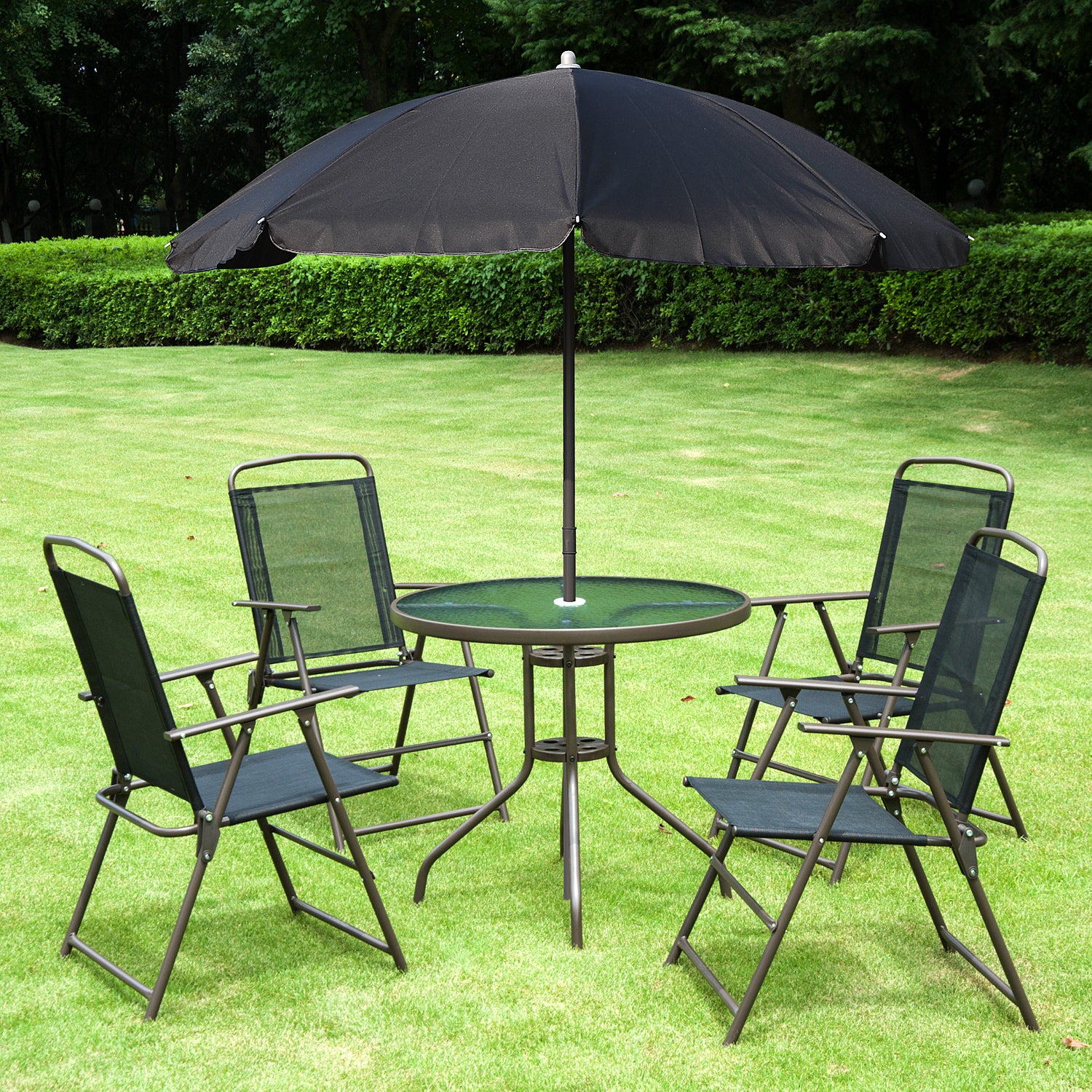 6 Piece Garden Patio Furniture Set with Folding Chairs and Black Parasol
