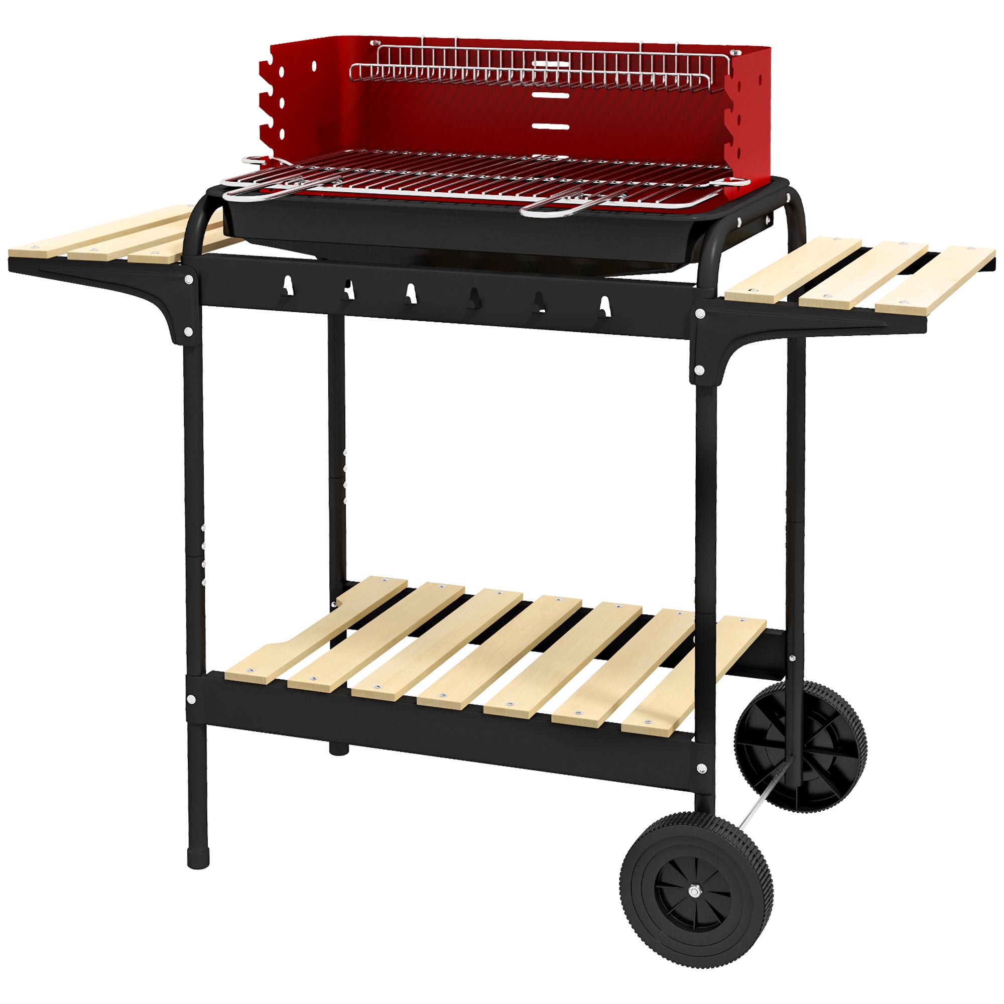 Adjustable Height Charcoal BBQ Grill Trolley with Large Cooking Area - Red