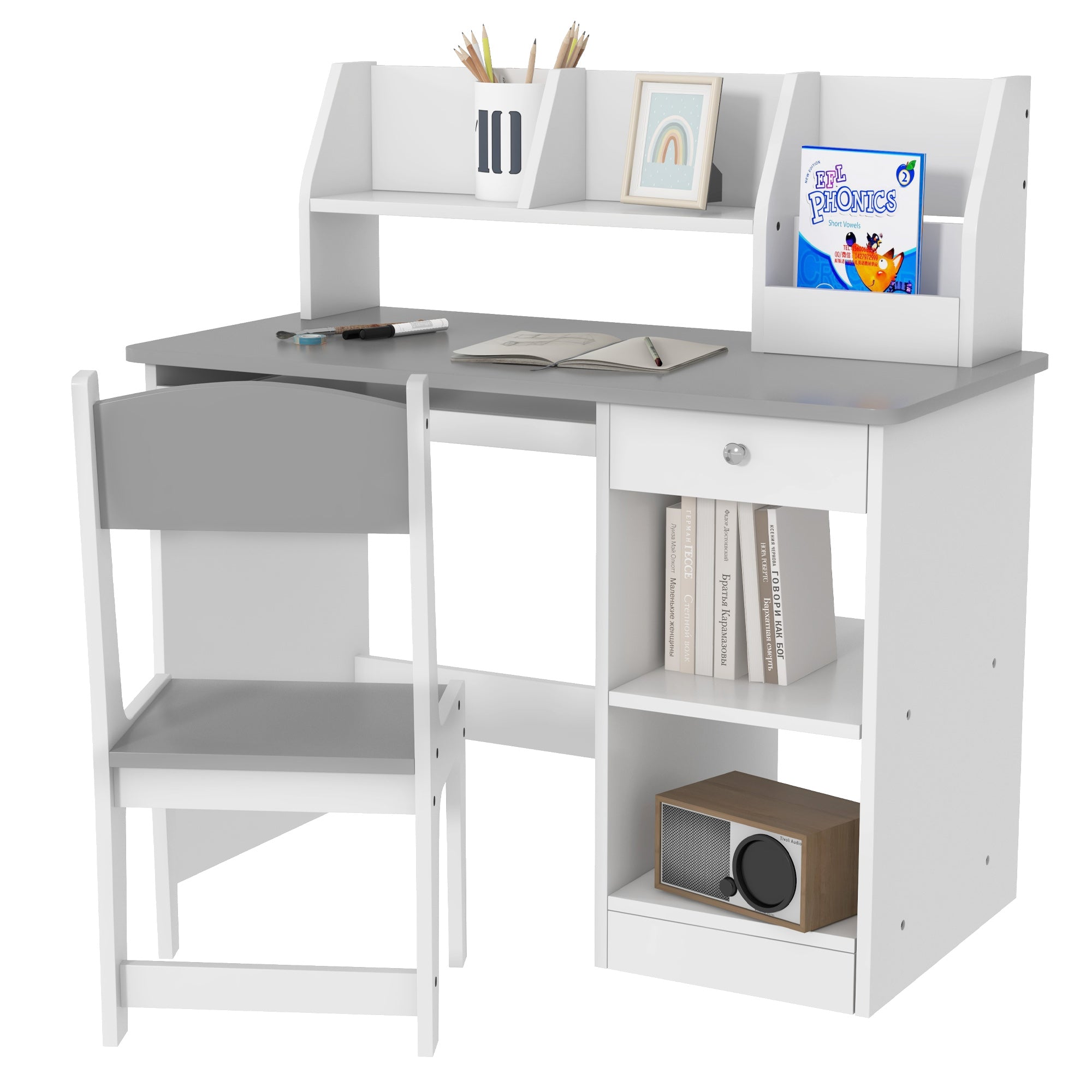 Kids 2 Piece Desk and Chair Set with Storage - Grey