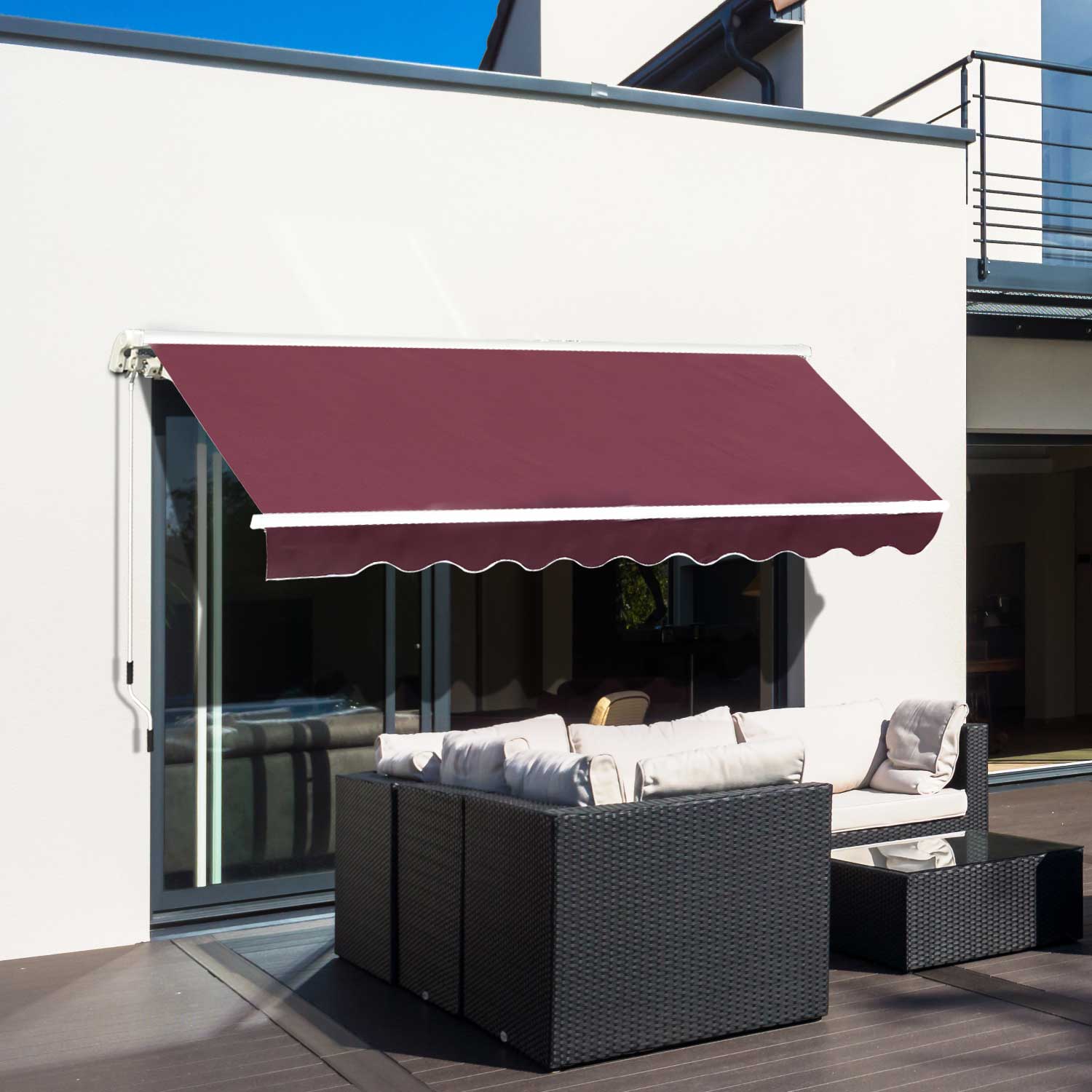 Manual Retractable Patio Awning with Water-Resistant Polyester - Red