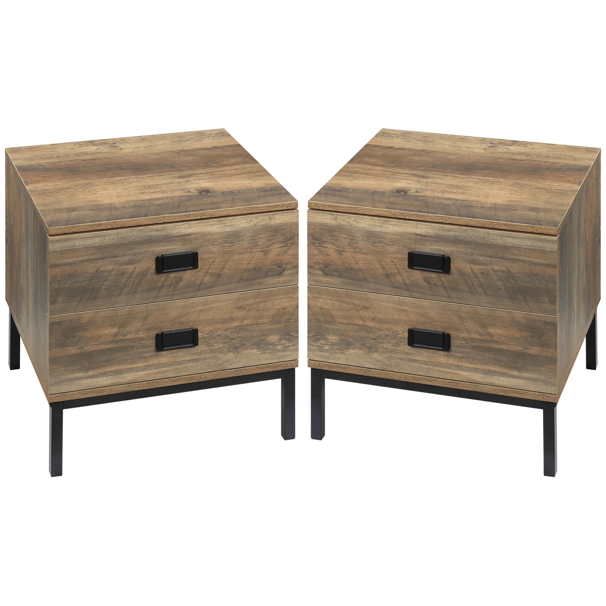 Set of 2 Retro Bedside Tables with Metal Frame and Drawers - Coffee