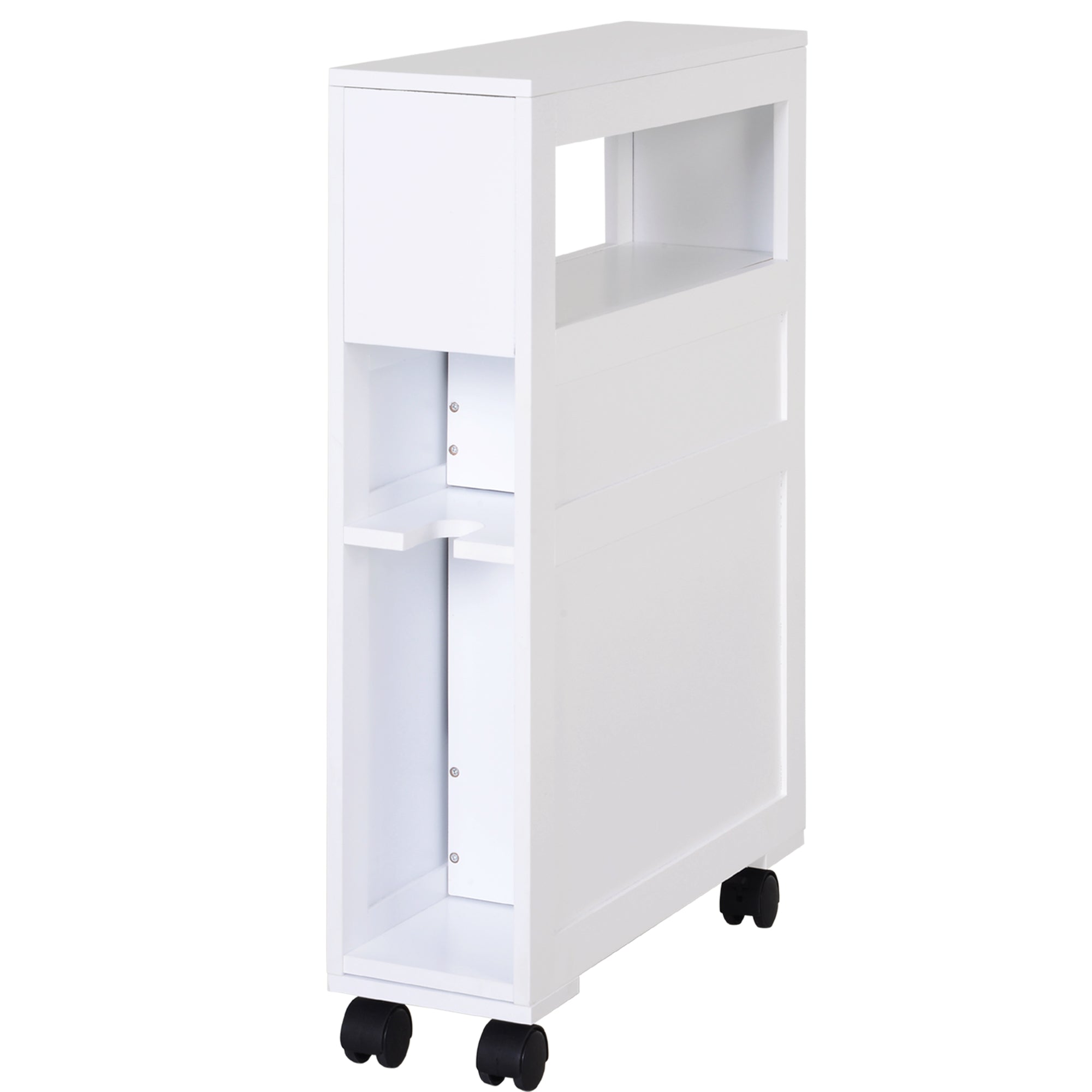 Narrow Rolling Bathroom Side Cabinet with Drawers and Castors - White