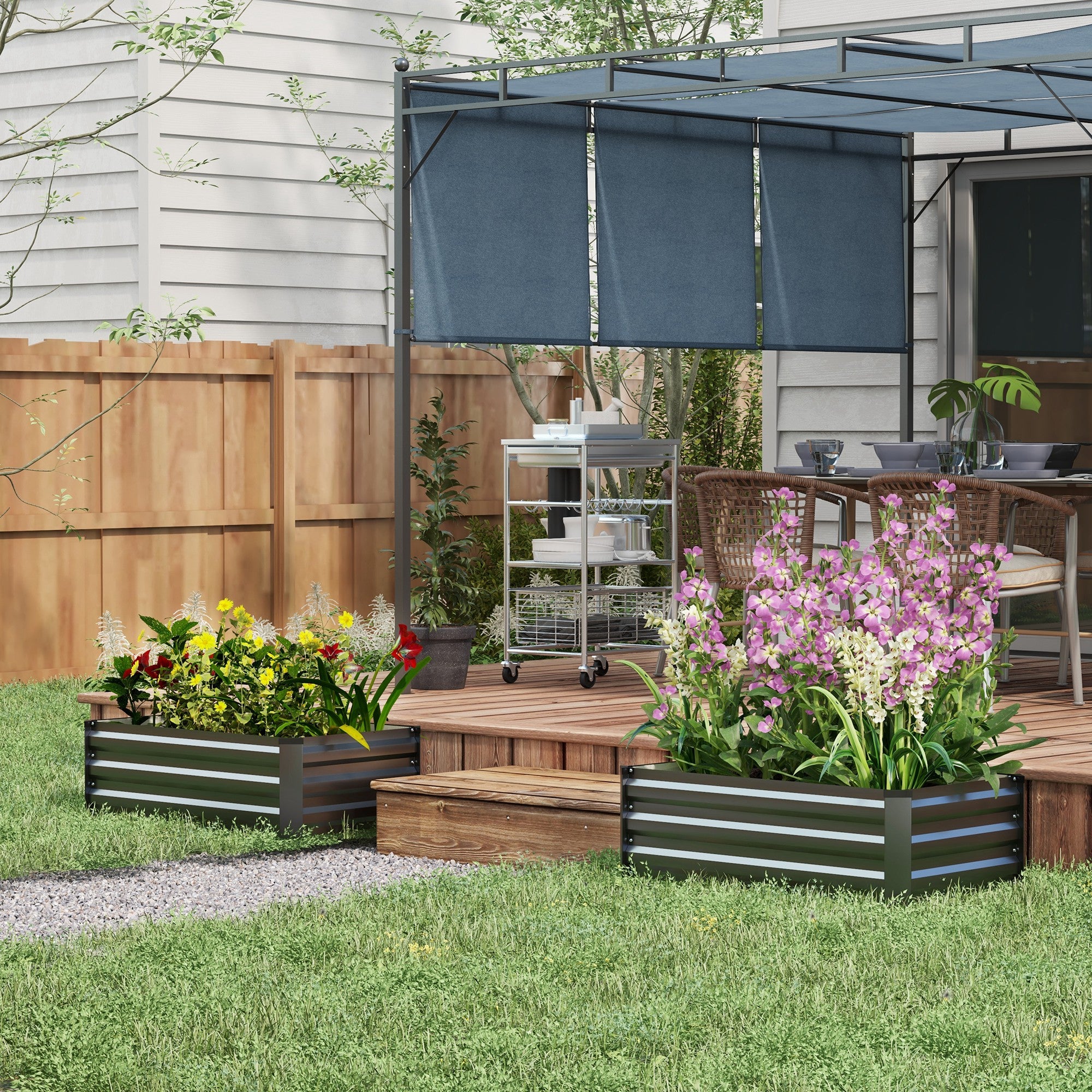 Set of 2 Galvanised Steel Raised Garden Beds - Grey Durable Outdoor Planters