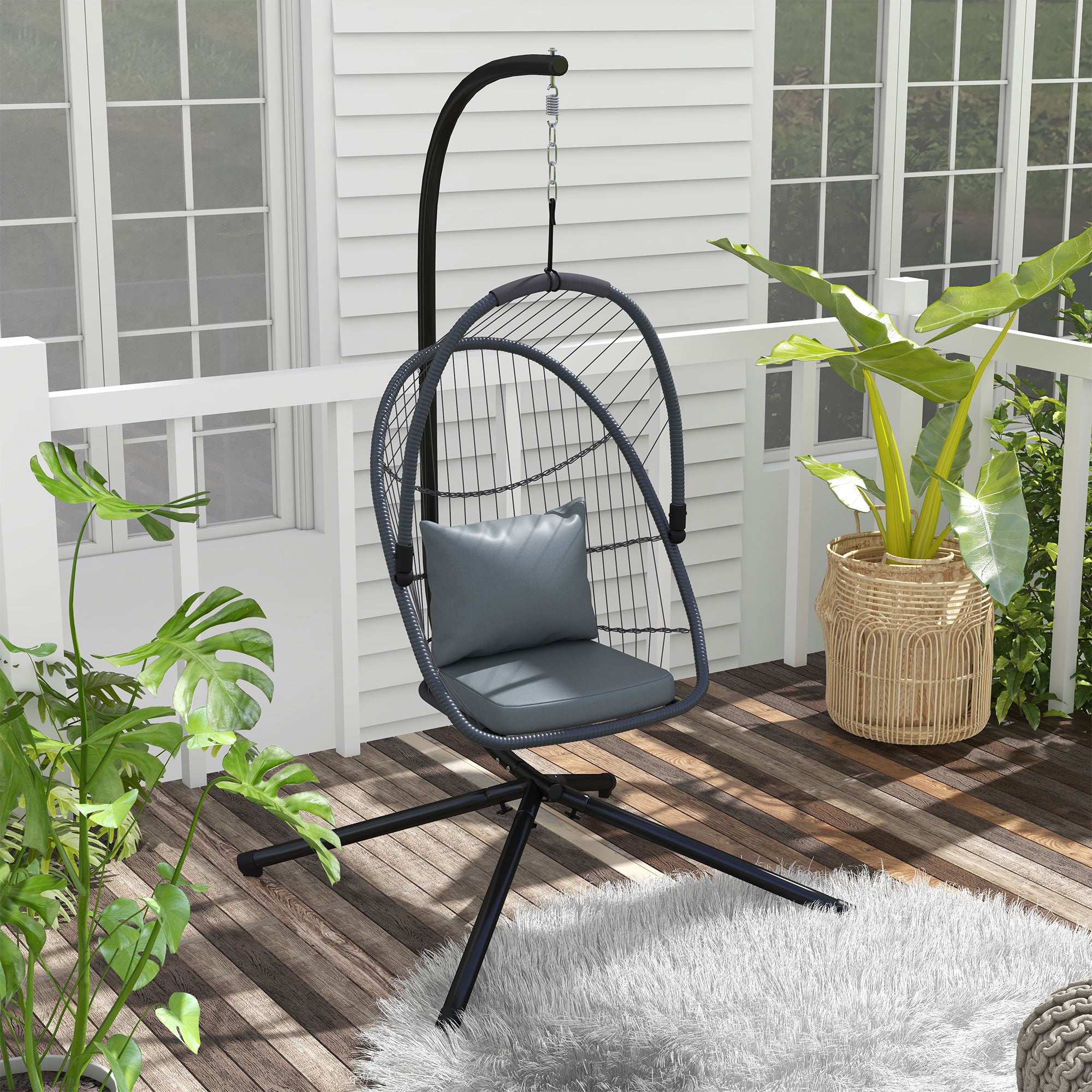 1 Piece Foldable PE Rattan Swing Chair with Cushion and Metal Stand - Grey