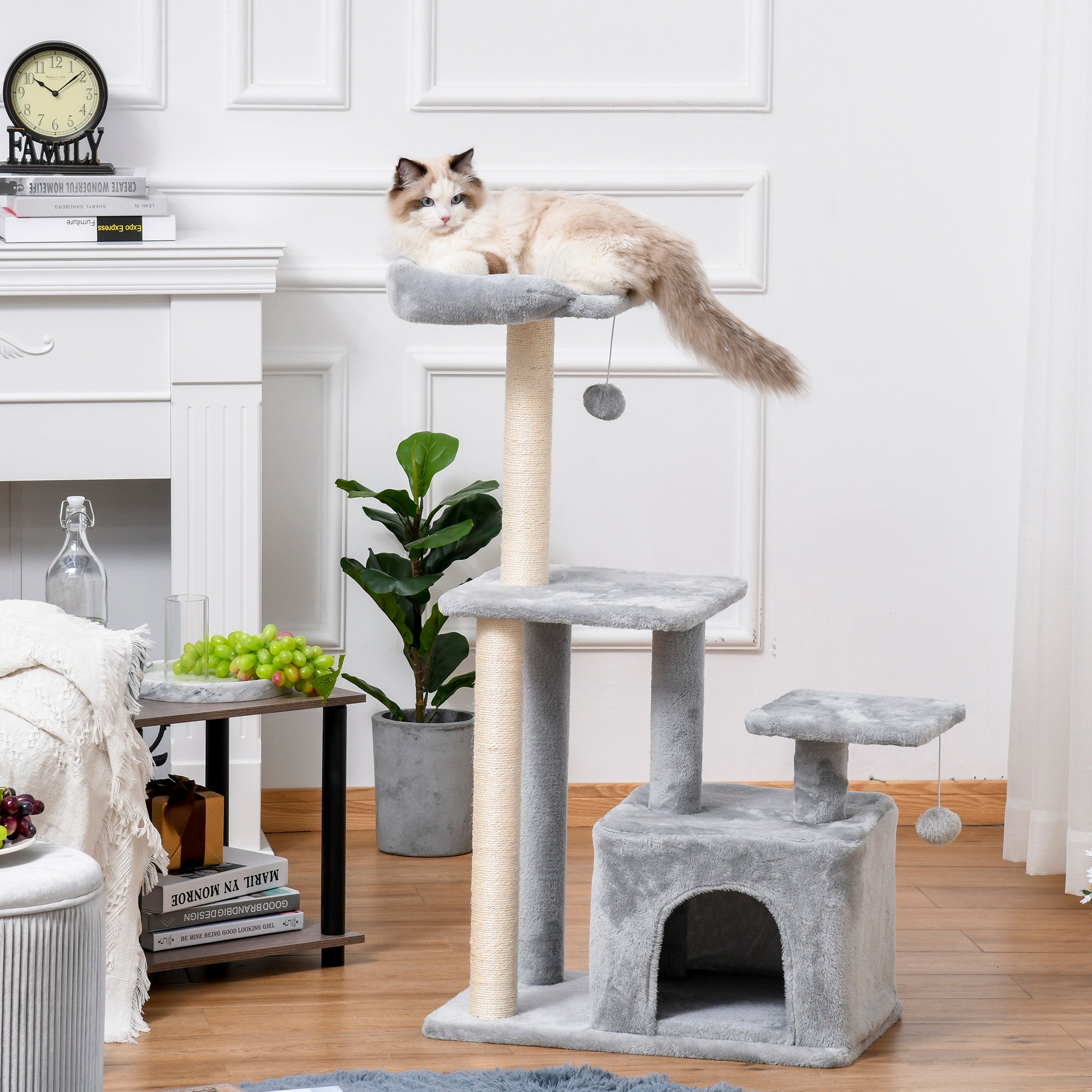 Cat tree Tower 114cm Climbing Activity Centre Kitten with Sisal Scratching Post Perch Hanging Ball Condo Toy Light Grey
