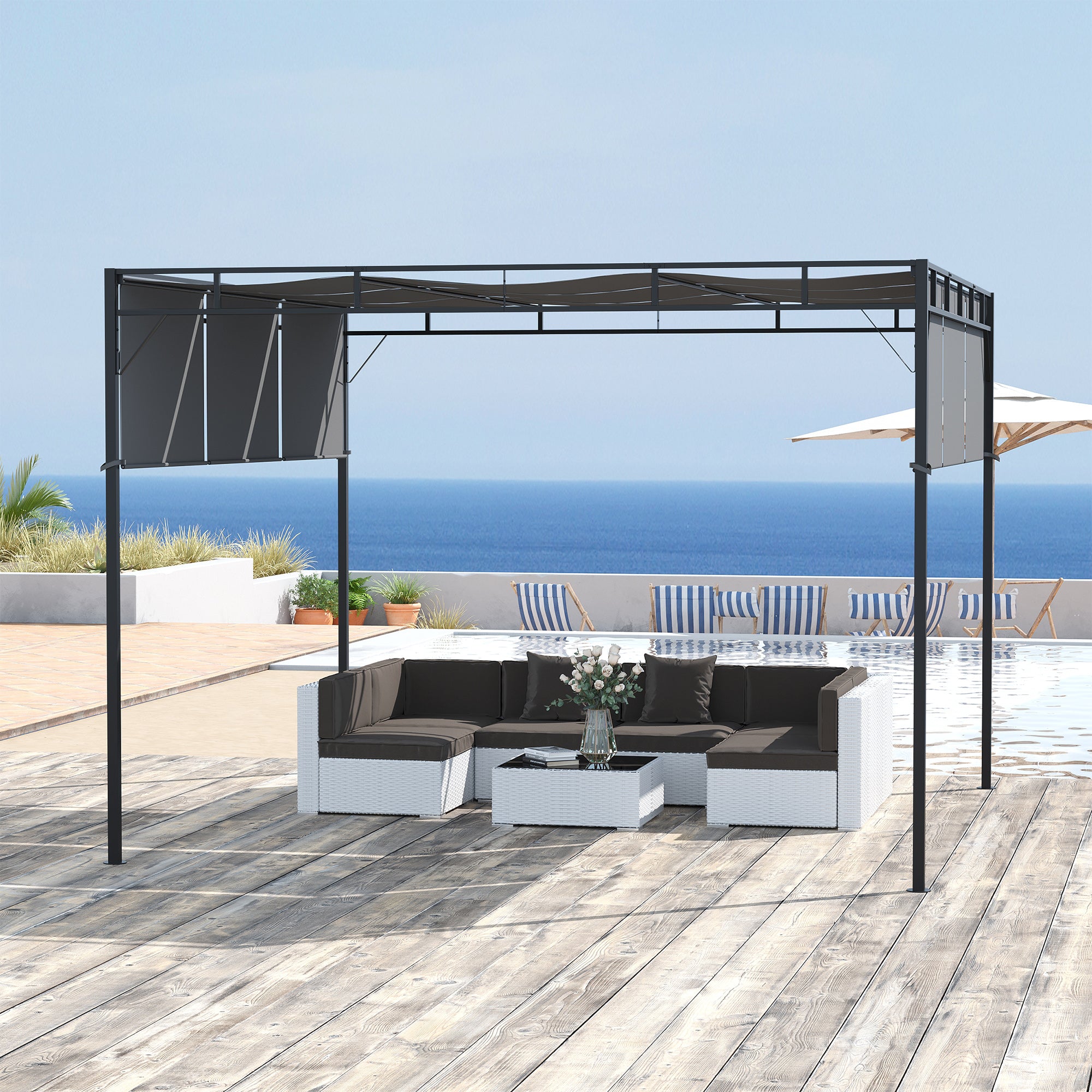 3 x 3 Metre Steel Pergola Gazebo with Retractable Roof Canopy - Dark Grey
