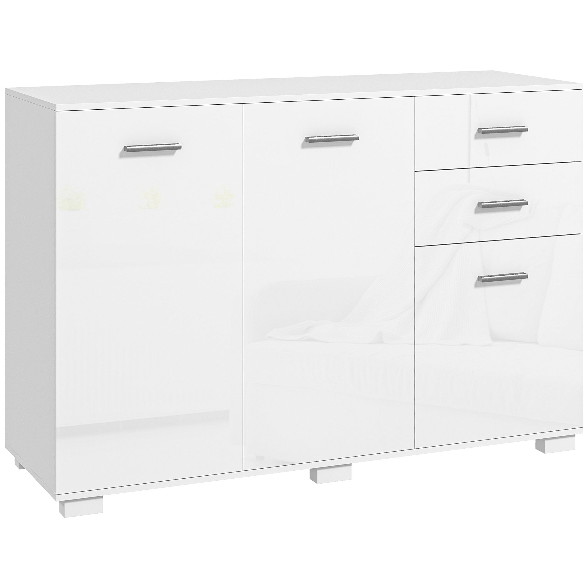 Sideboard, Modern Storage Cabinet w/ 2 Drawers, 3 Doors, Adjustable Shelves, Kitchen Cabinet for Living Room, Dining Room, High Gloss White