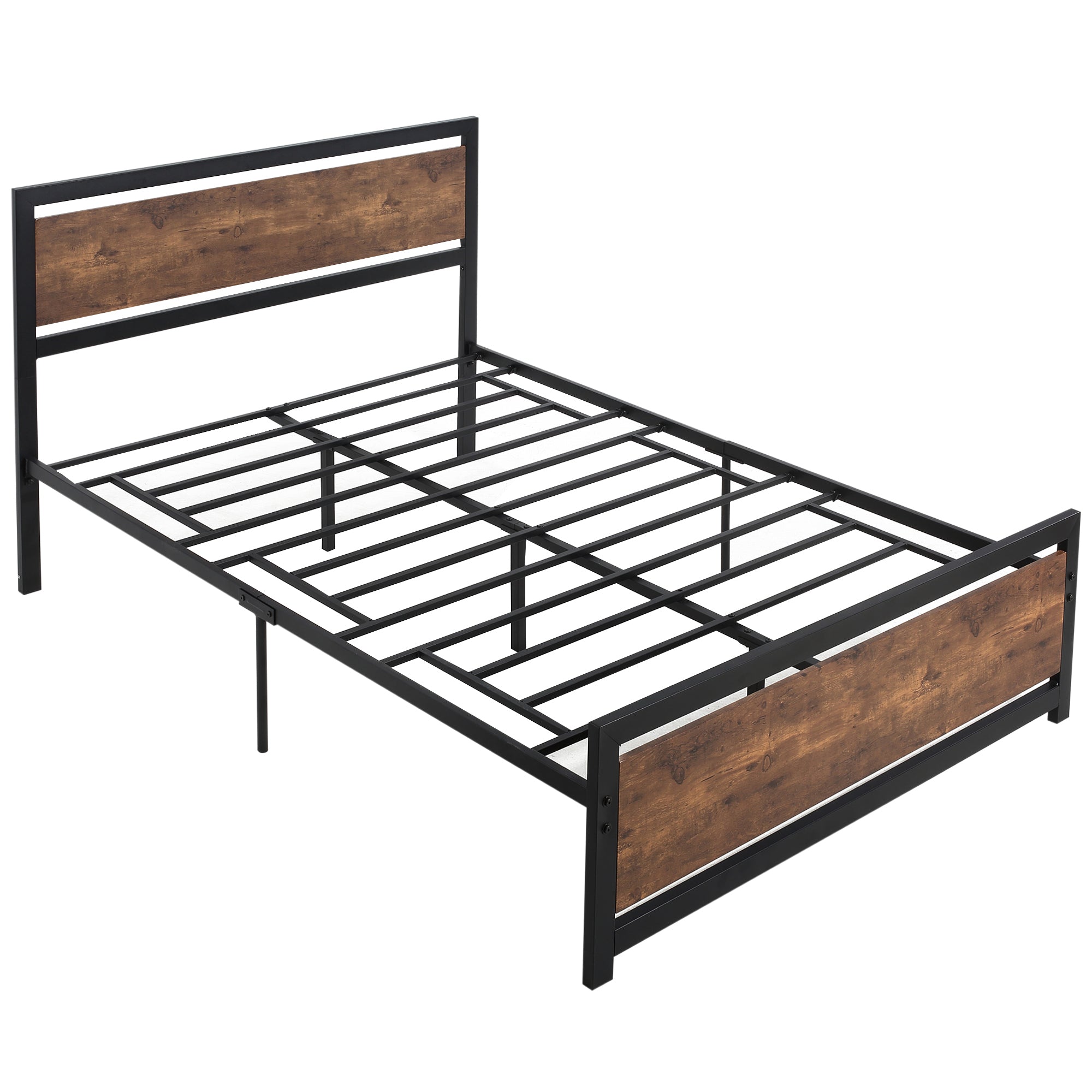 Double Industrial Style Metal Bed Frame with Rustic Wooden Headboard - Black