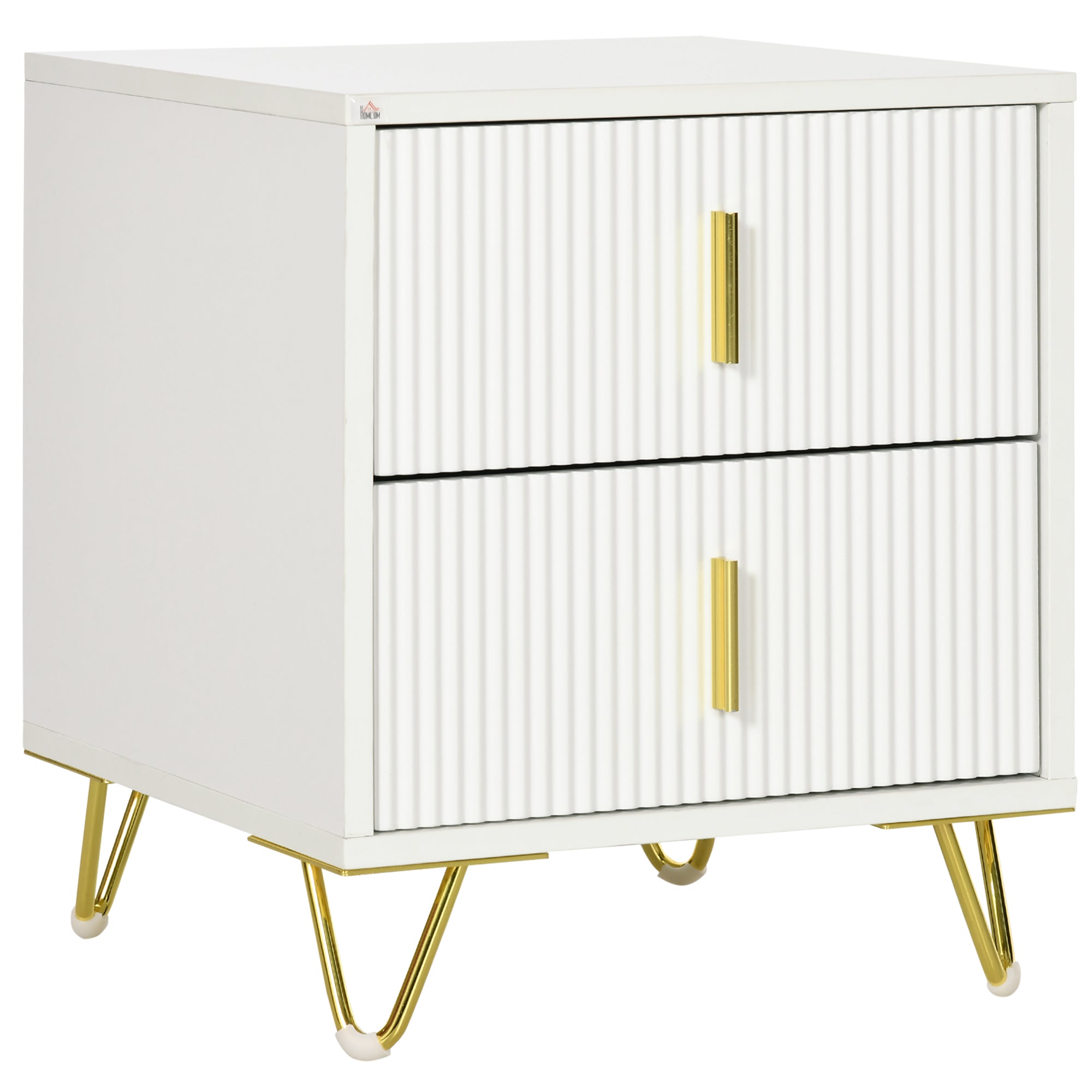 White Bedside Table with 2 Drawers and Metal Frame - Elegant Design