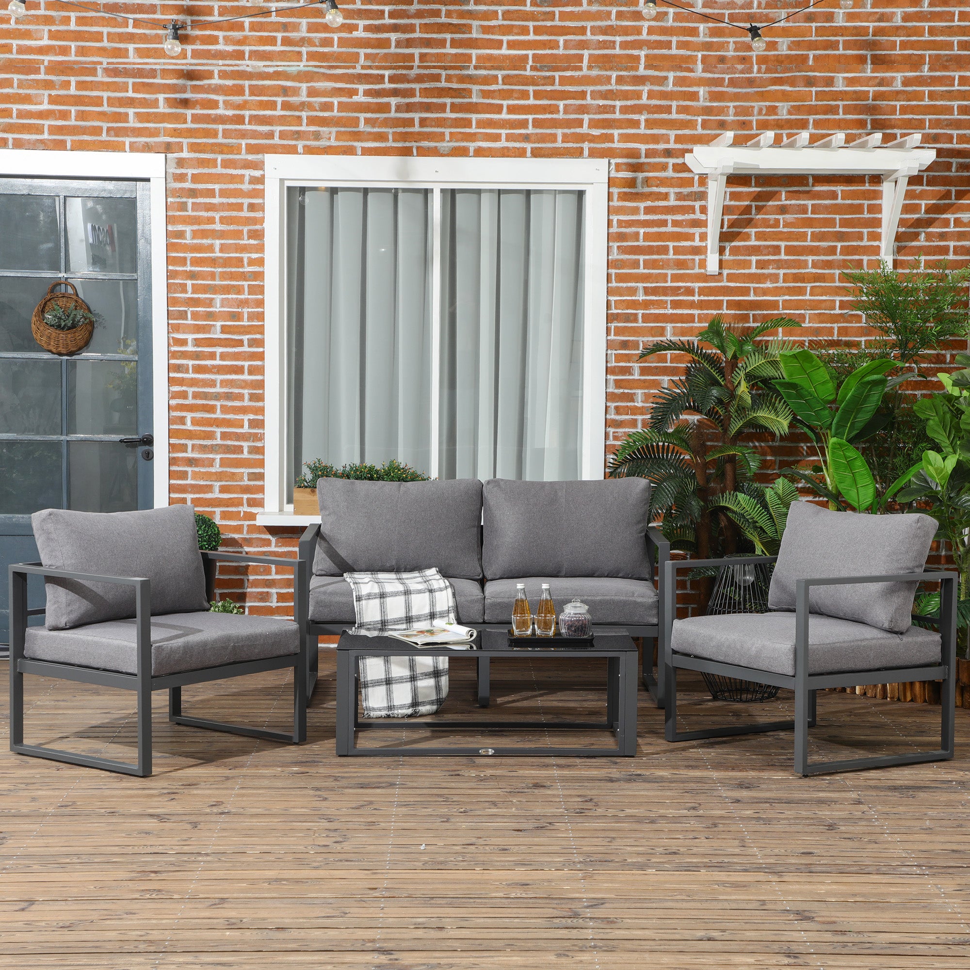 4-Piece Garden Sofa Set with 2 Armchairs, Bench & Side Table Aluminium Frame with Cushions - Grey