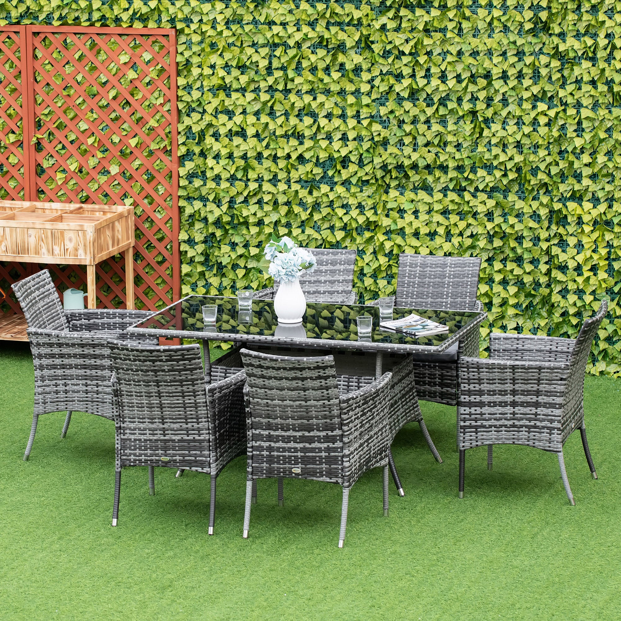 6-Seater Rattan Garden Dining Set with Rectangular Table and Cube Chairs - Grey