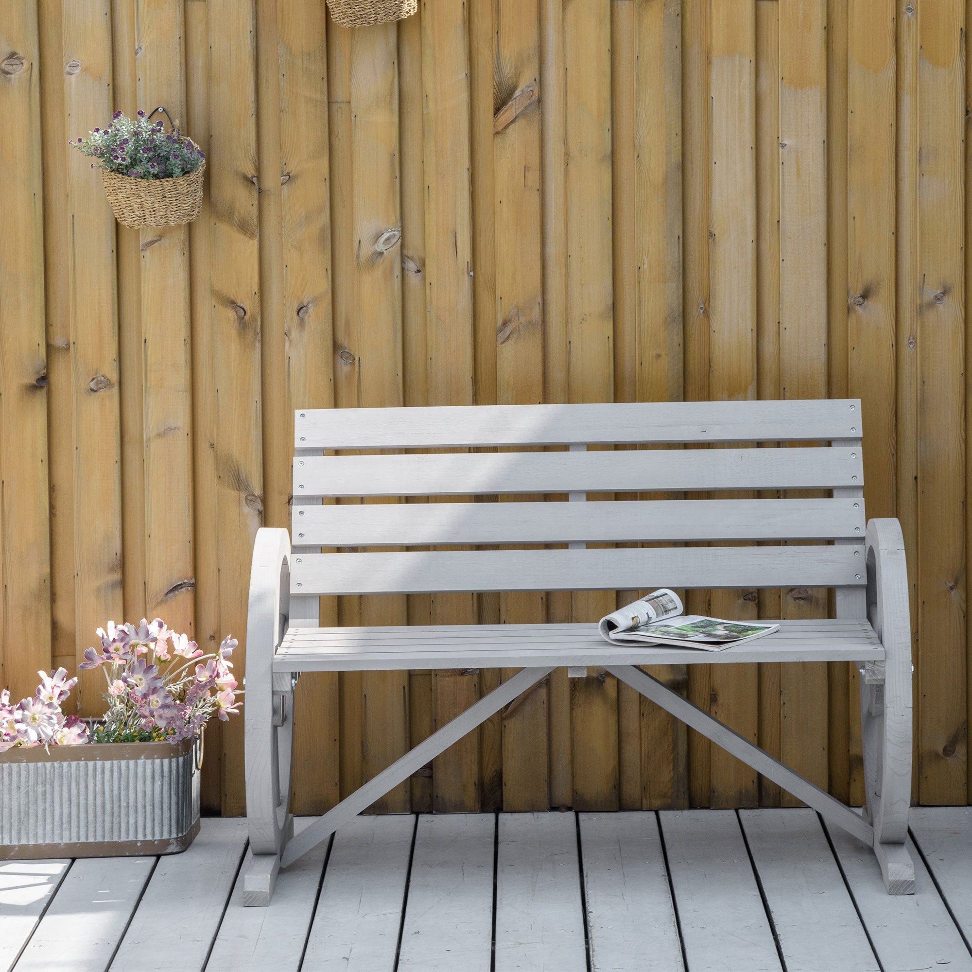 2 Seater Outdoor Garden Bench with Wagon Wheel Armrests and High Back - Grey