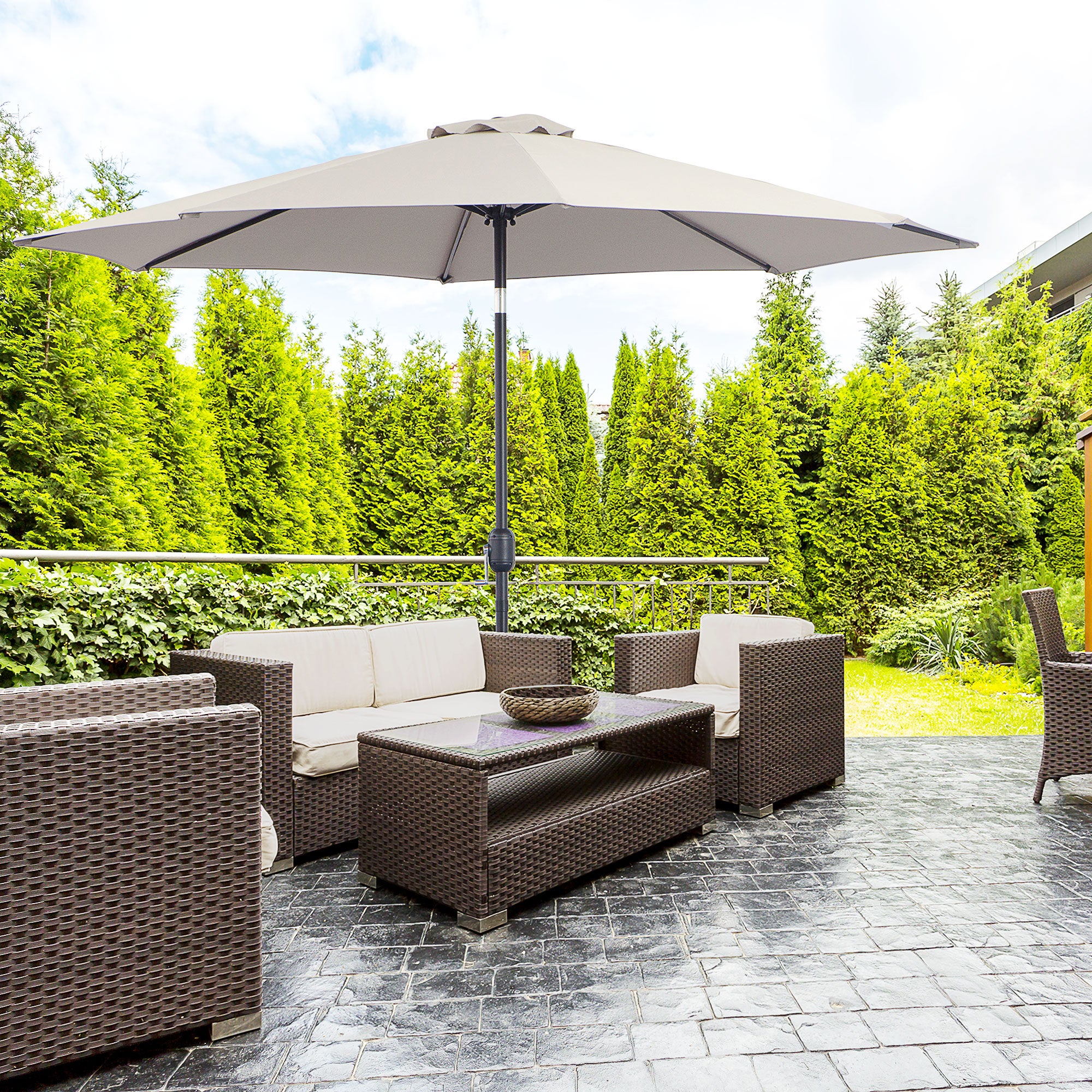 3 Metre Tilting Garden Parasol with Crank Handle and Steel Frame - Light Grey