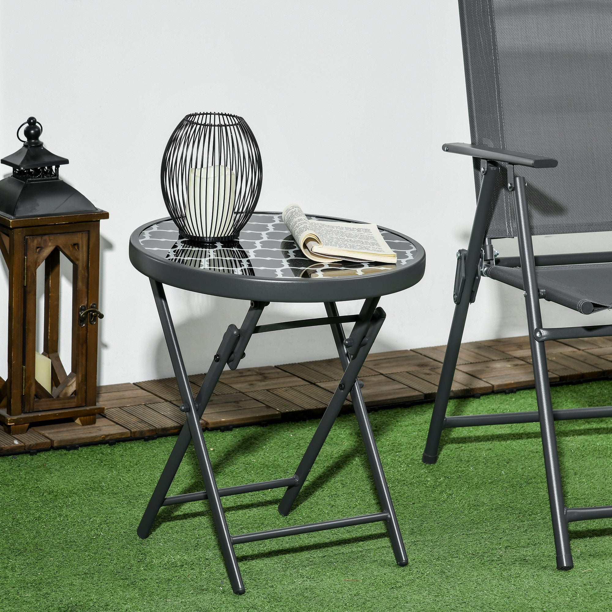 45cm Folding Outdoor Side Table with Marble Glass Top Black
