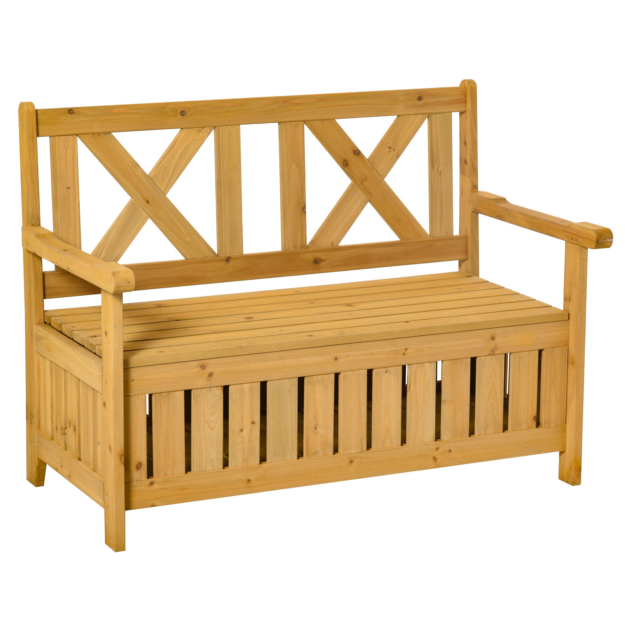 2 Seater Wood Garden Bench with Storage Chest and High Back - Brown