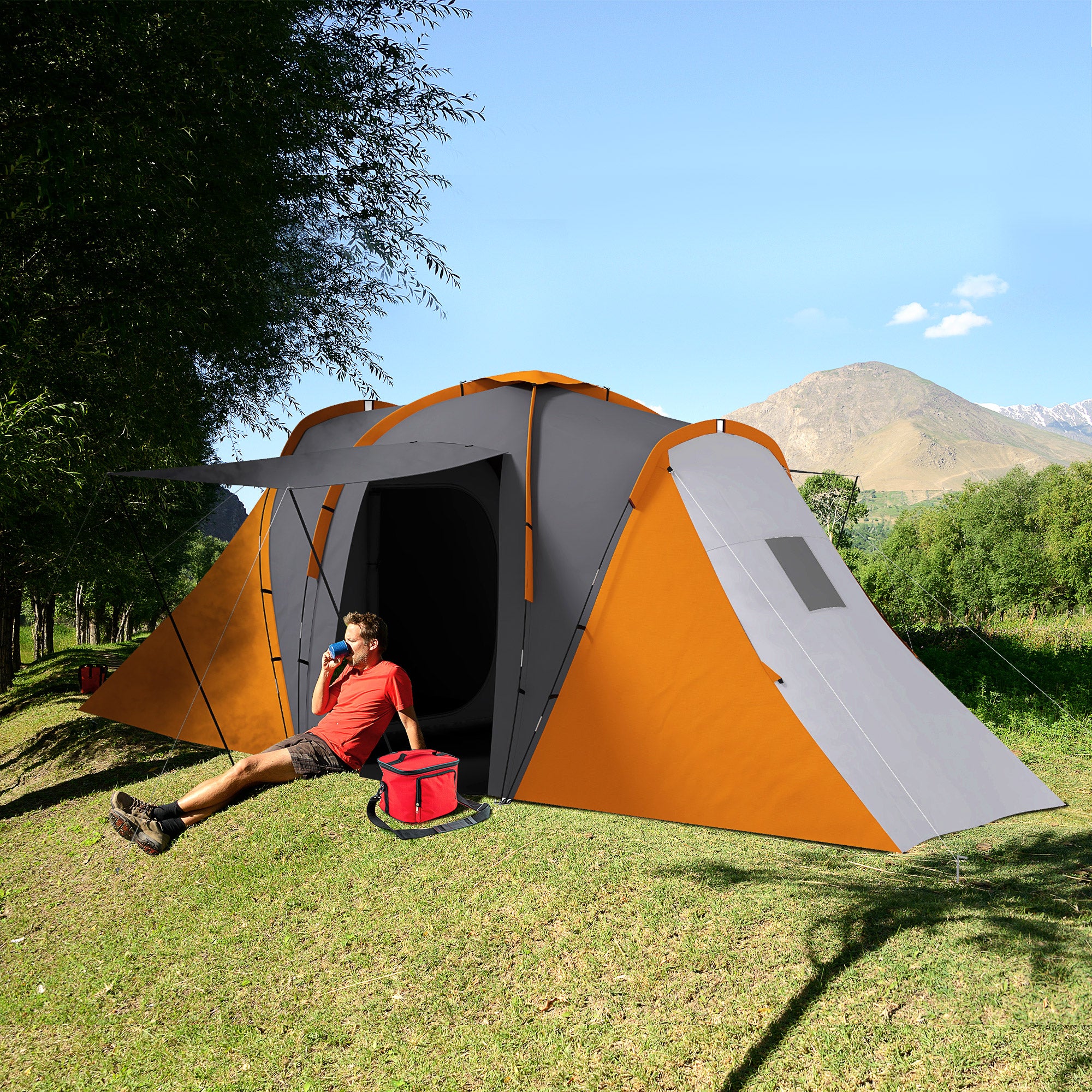 Large 4-6 Man Camping Tent with 2 Bedrooms and Living Area - Orange