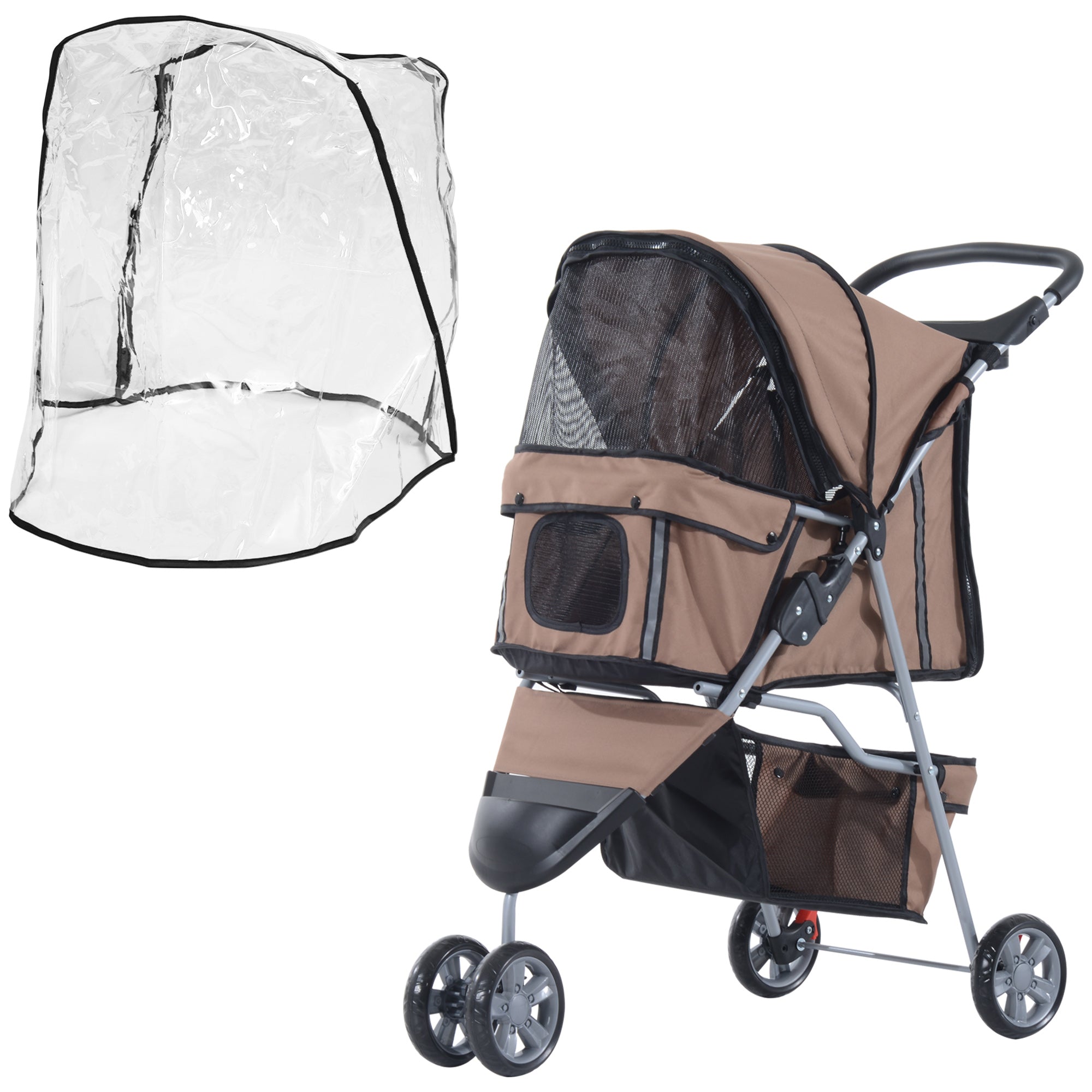 Folding Dog Stroller with Cover, Cup Holder & Storage Basket for Small Miniature Dogs - Brown