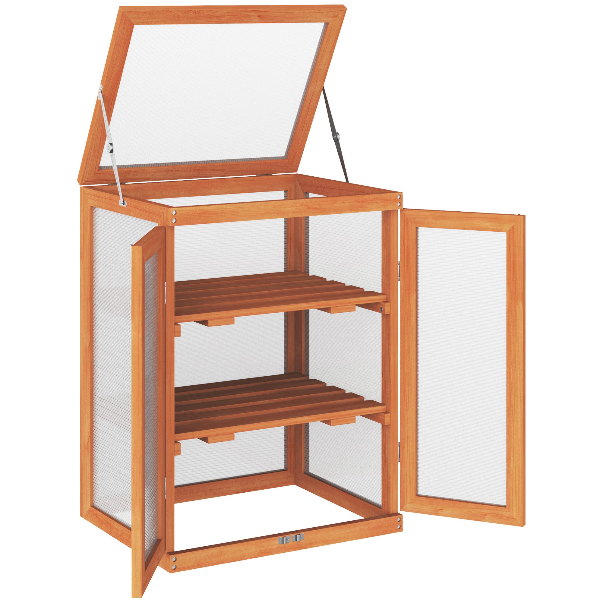 3 Tier Wooden Greenhouse with Polycarbonate Panels and Storage Shelf - Orange