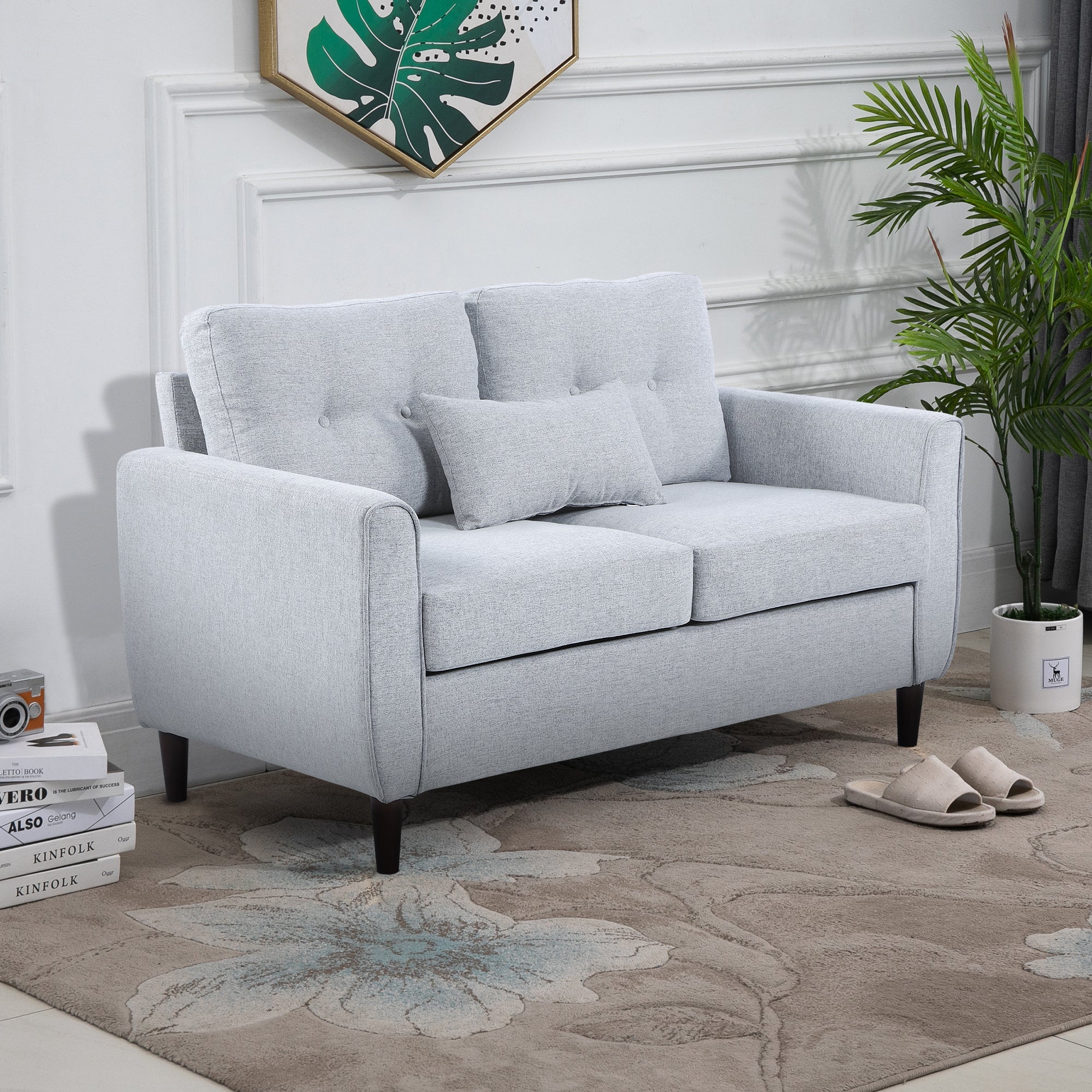 2 Seat Tufted Loveseat Sofa with Wooden Legs for Living Room, Dining Room, Office - Light Grey