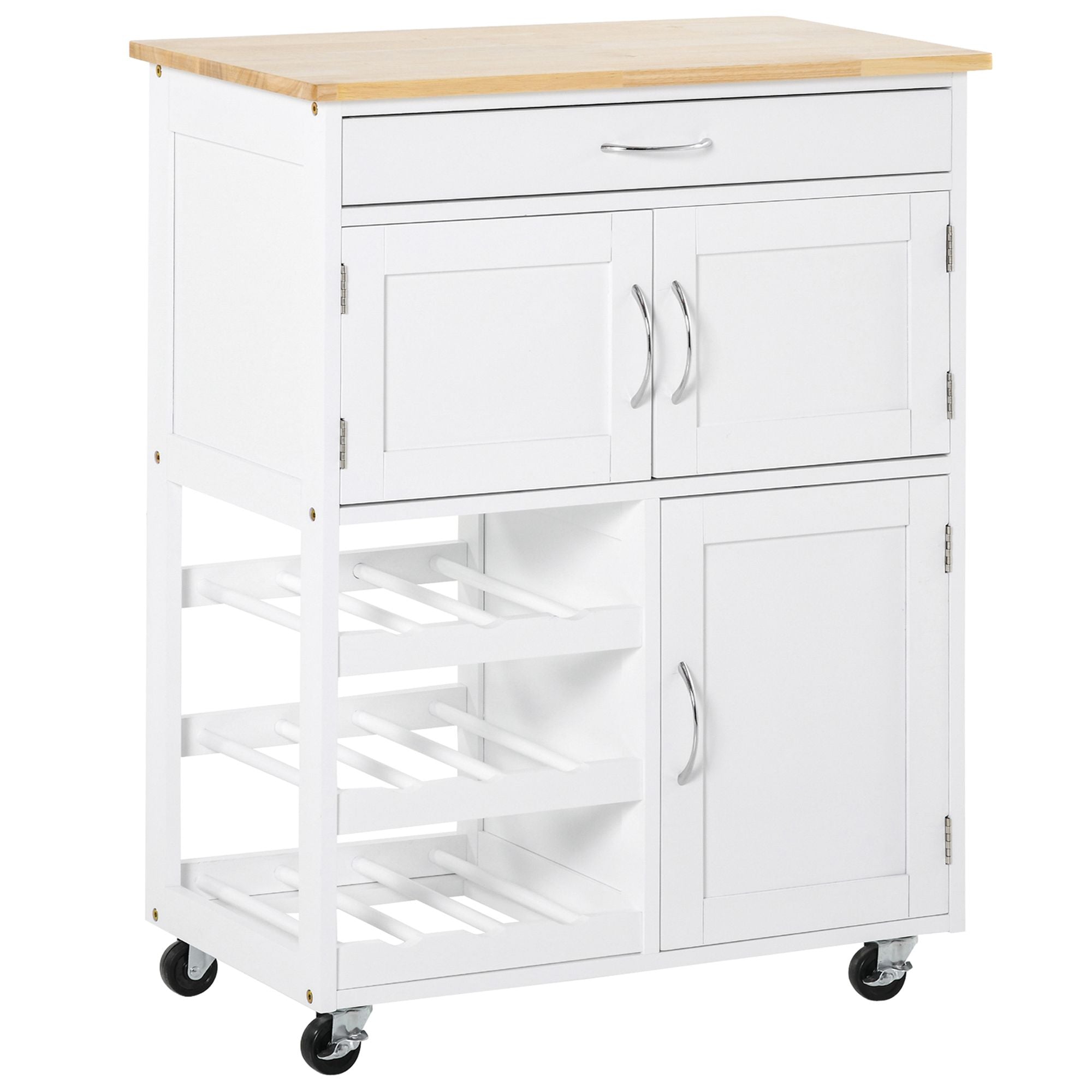 Modern Kitchen Trolley with Drawer, 9-Bottle Wine Rack & Door Cabinets, Wooden Countertop - White