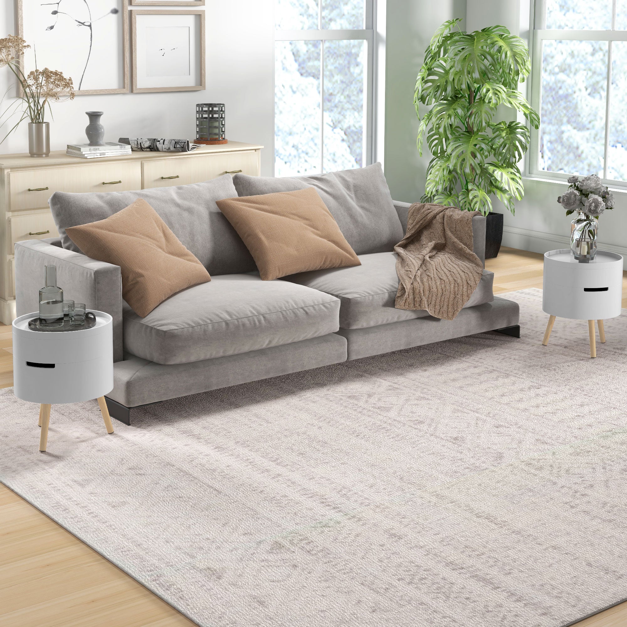 3-Tier Coffee Table, Round End Table with 2 Hidden Compartments and Detachable Tray, Side Table with Storage for Living Room, Set of 2, White