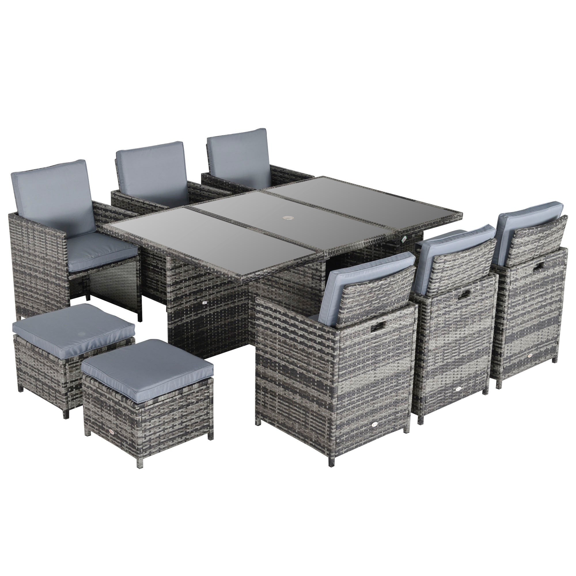 Outdoor 11pc Rattan Garden Patio Dining Set 10-Seater Cube Sofa with 6 Chairs & 4 Footrests - Mixed Grey