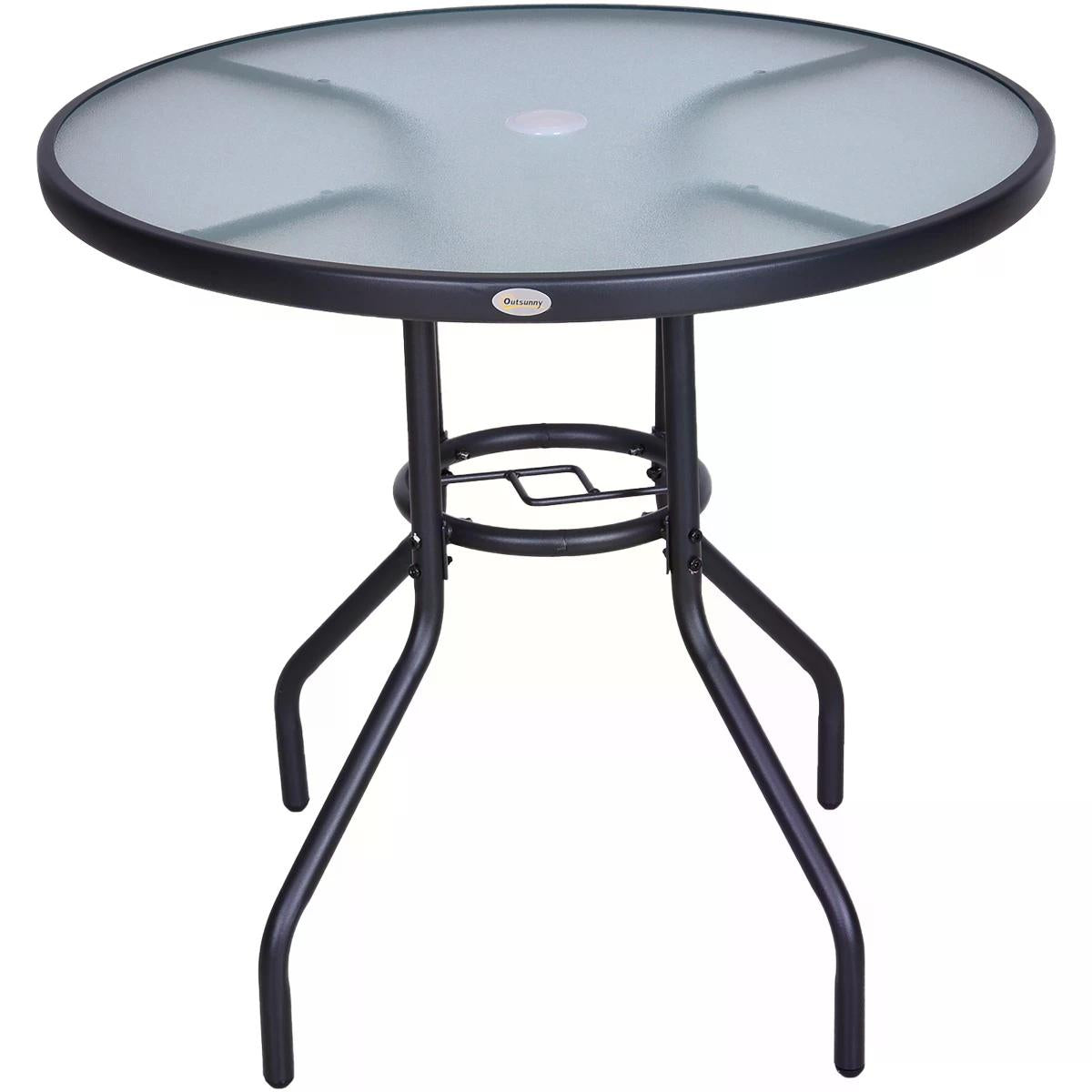 Outdoor Round Dining Table with Tempered Glass Top and Parasol Hole - Steel Frame - 80cm