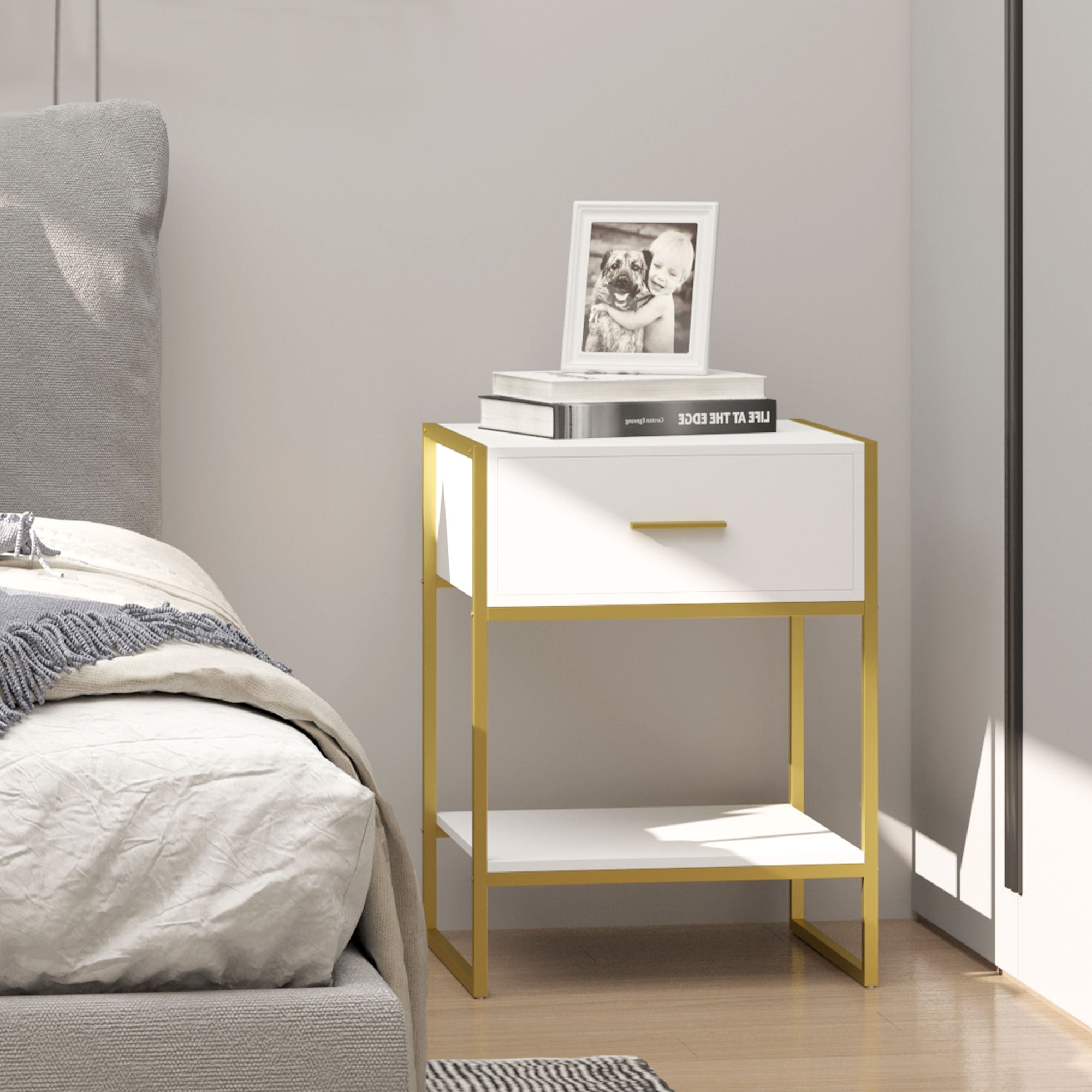 Modern Bedside Table with Drawer and Shelf - White and Gold