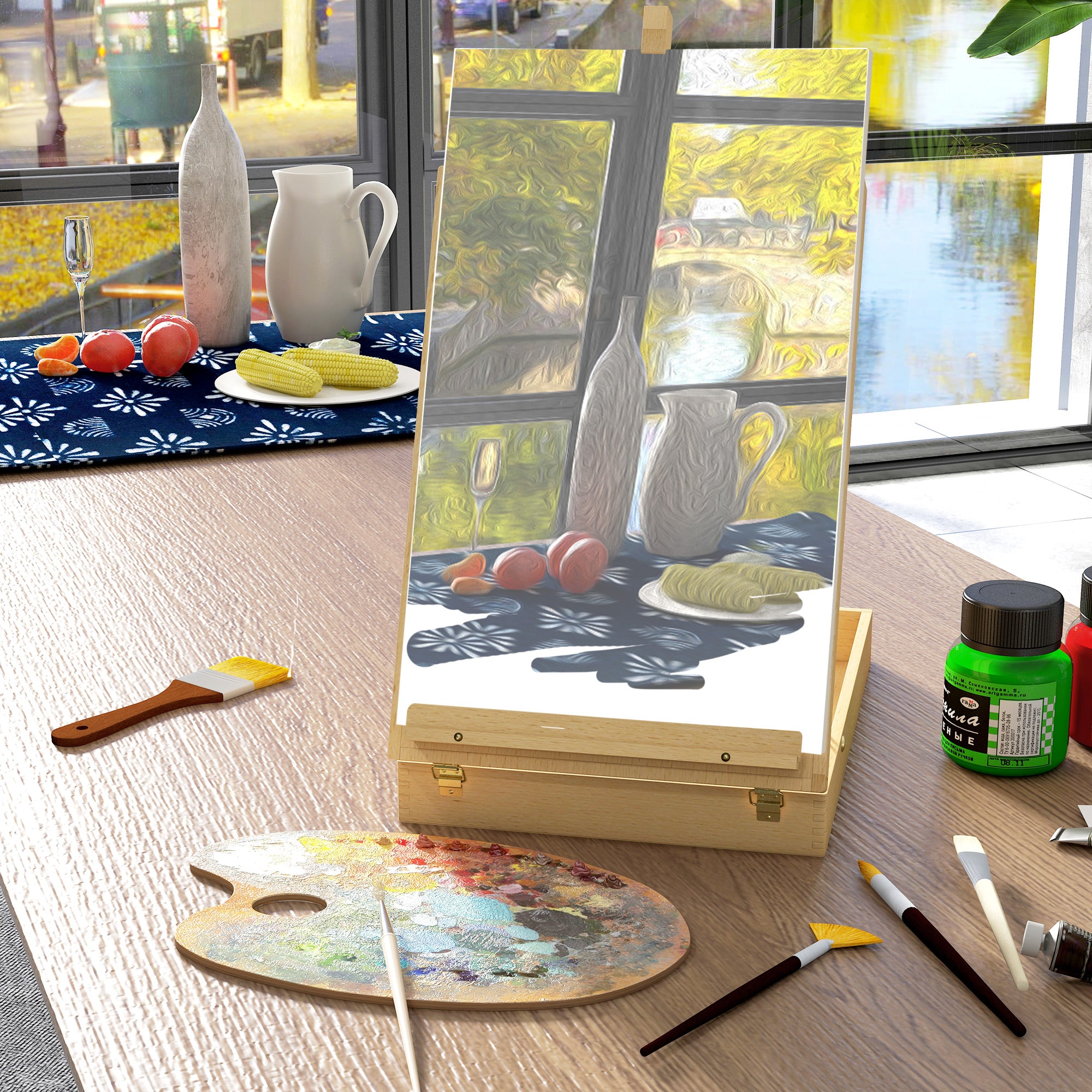 Adjustable Wooden Table Easel Box for Canvas up to 61cm with Storage - Natural Wood