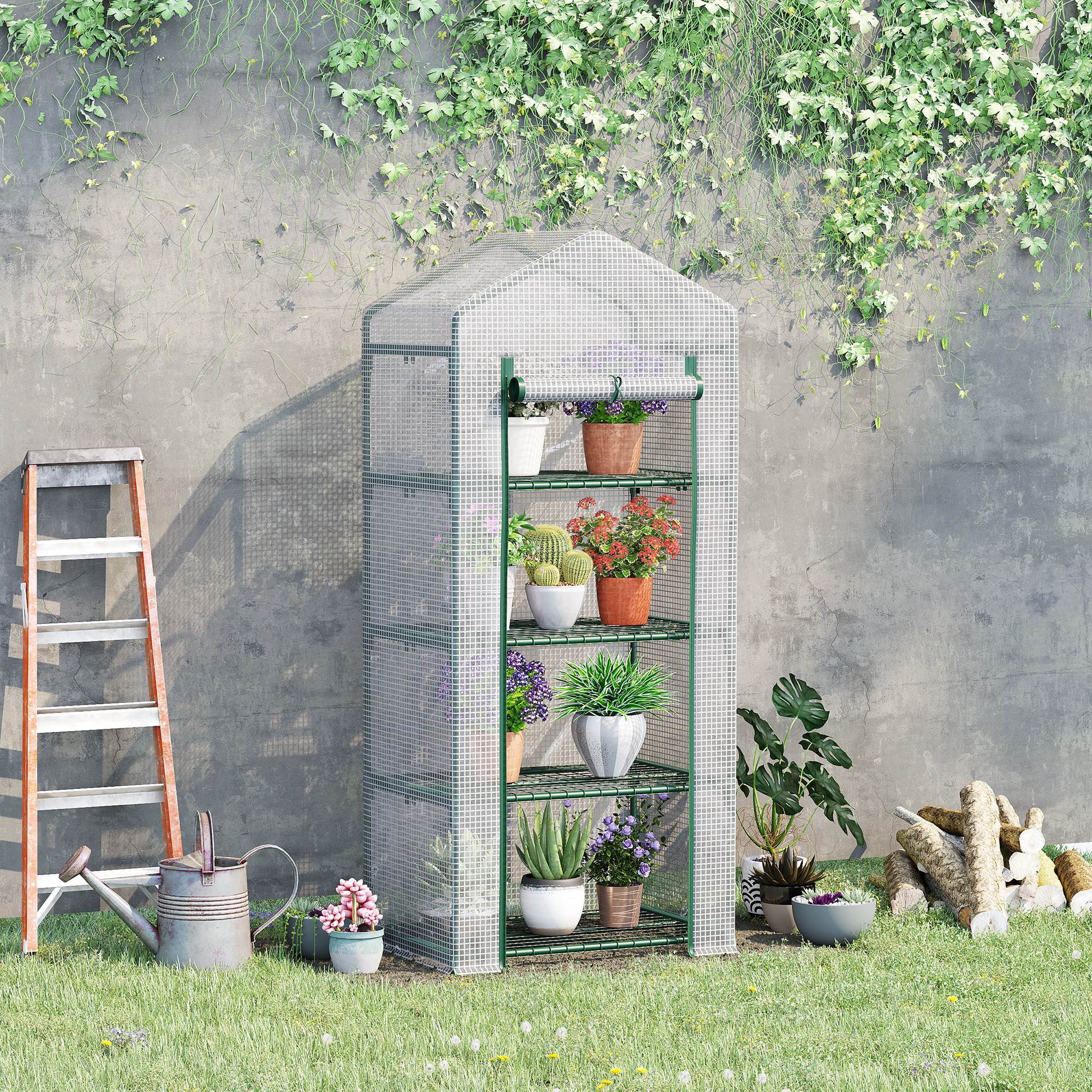 4 Tier Portable Mini Greenhouse with Steel Frame and UV Protection Cover - White