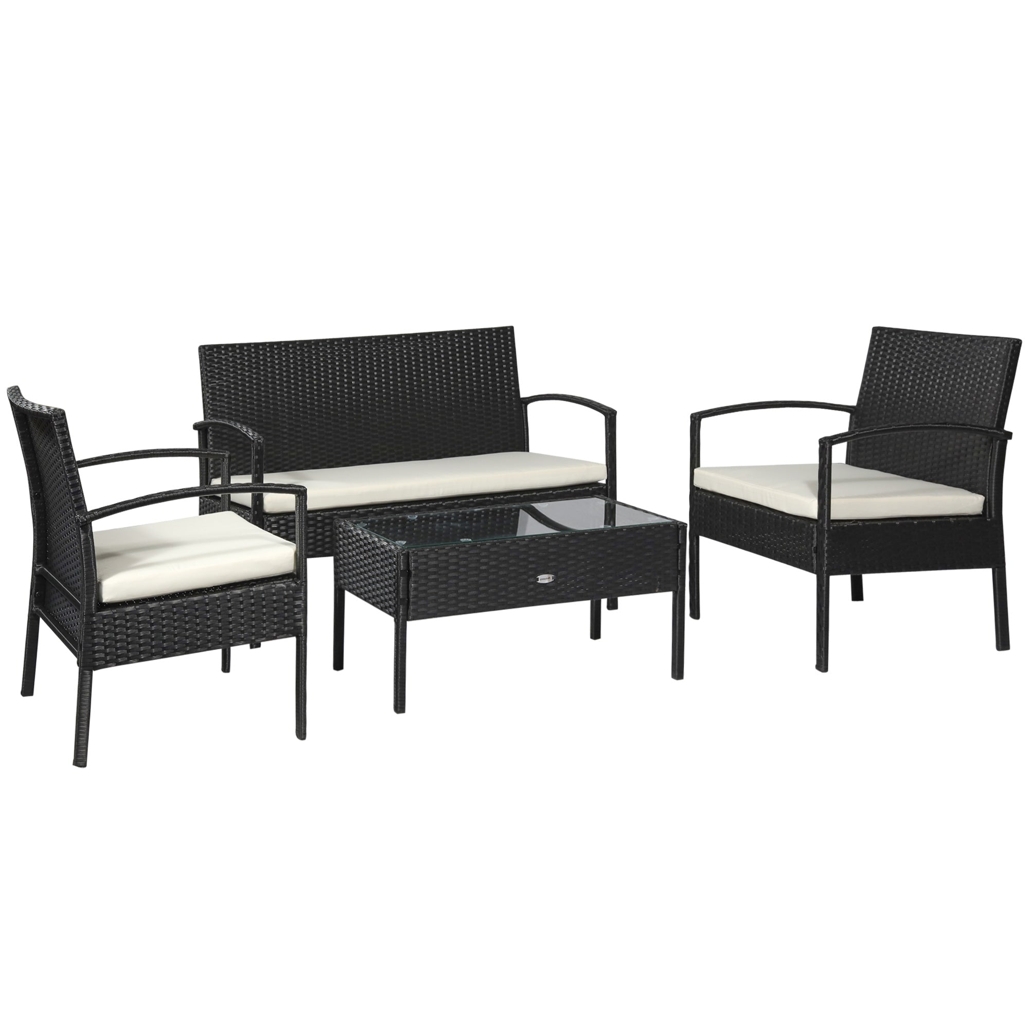 4 Seater Rattan Garden Furniture Set - Black Cream Wicker with Cushions
