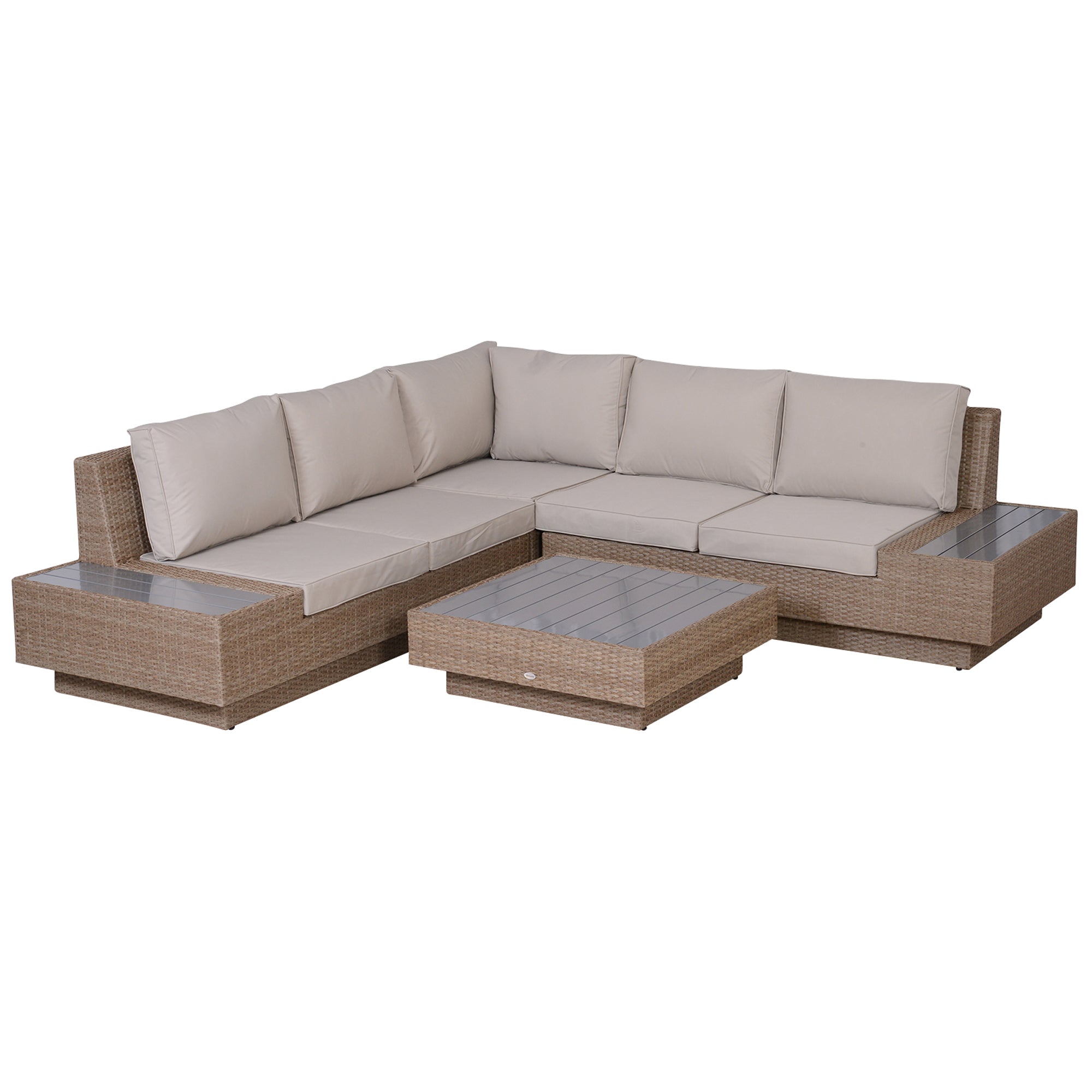 5-Seater Rattan Garden Outdoor Sectional Corner Sofa with Coffee Table and Cushions - Beige