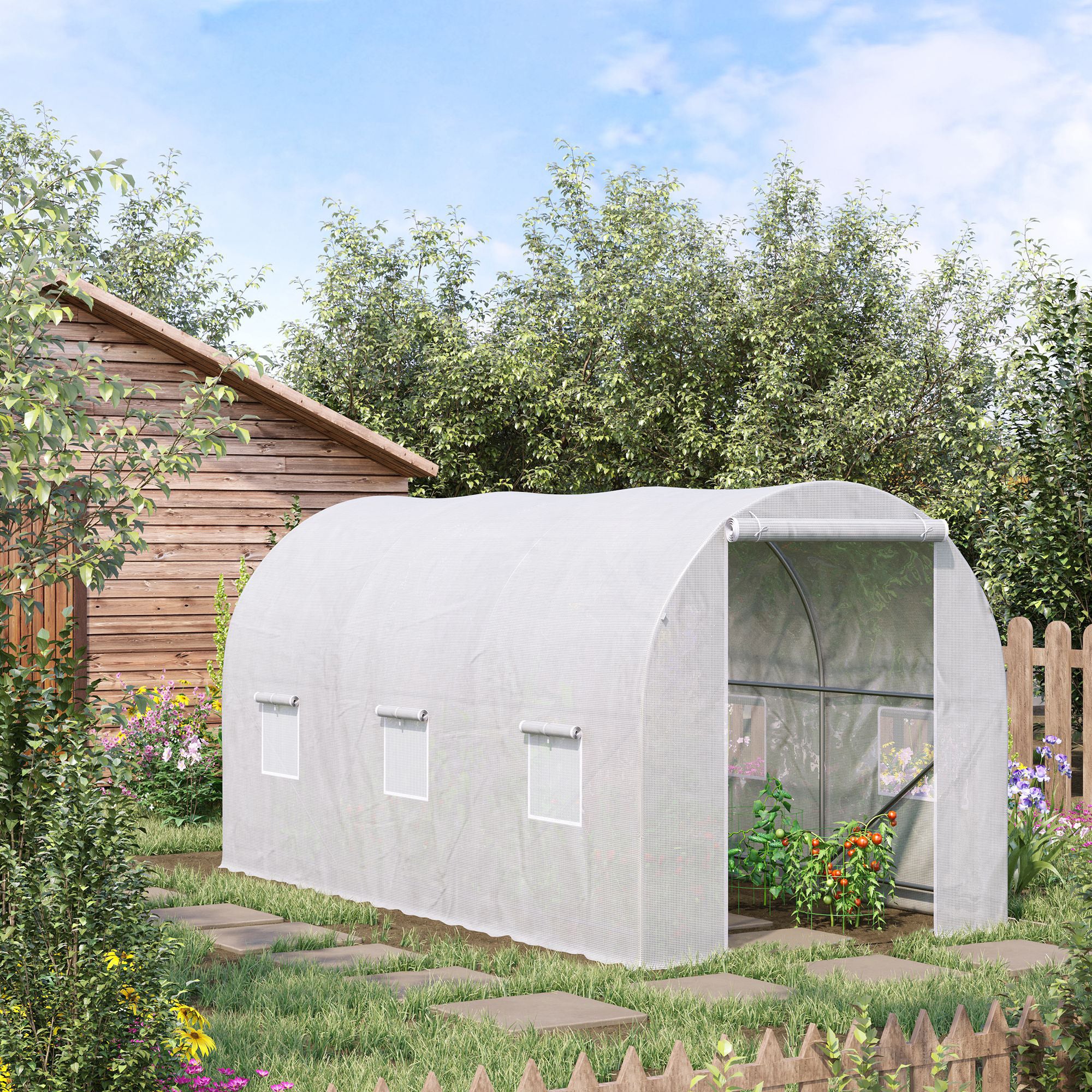 Walk-In Polytunnel Greenhouse with Steel Frame and UV Protection Cover - White