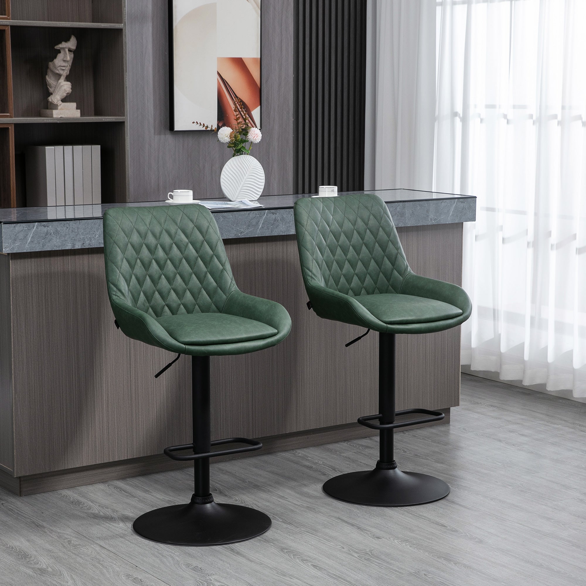 Adjustable Retro Bar Stools Set of 2 with Swivel Seat - Green