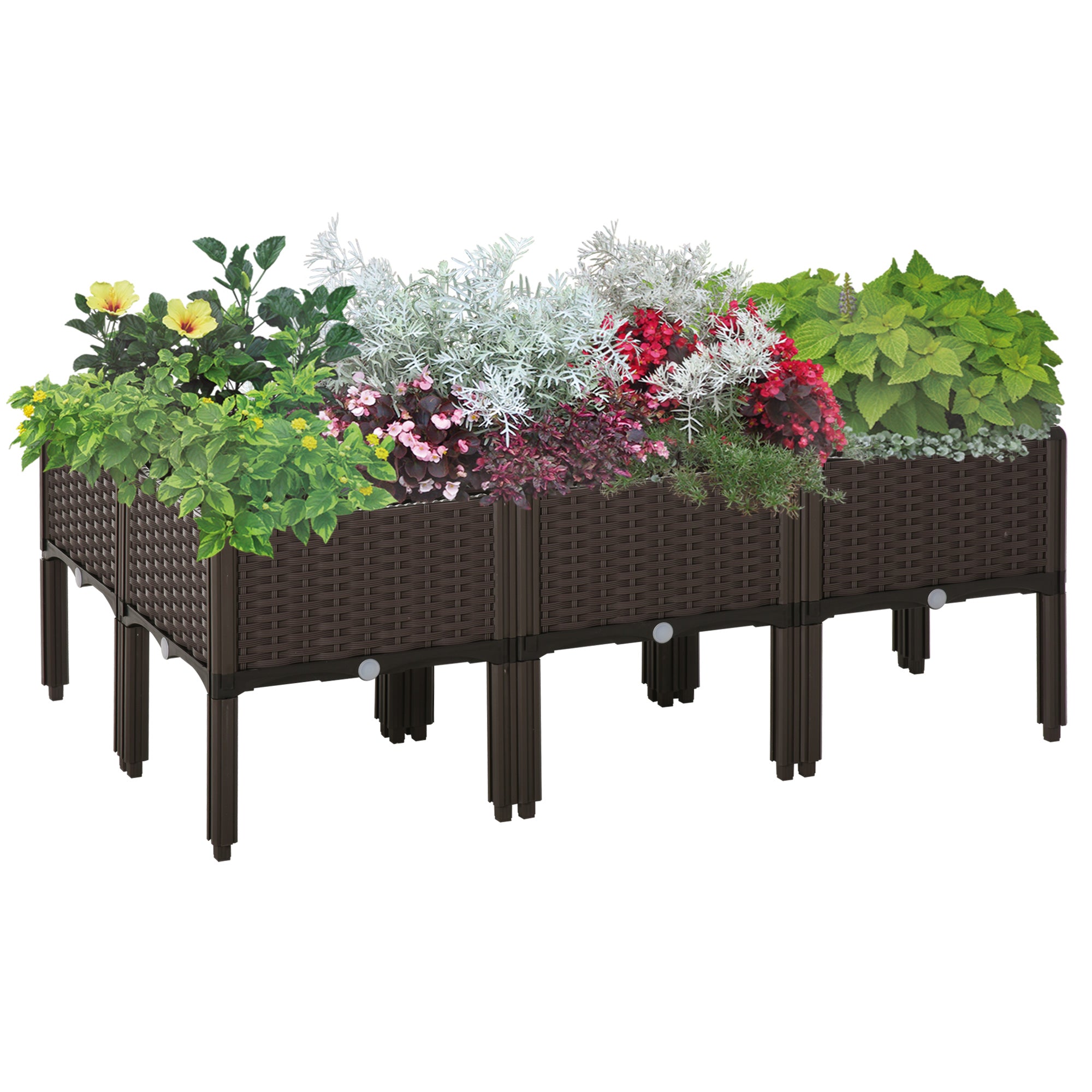 6-Piece Stackable PP Raised Flower Bed with Drainage Holes for Vegetable & Herb Growing - Brown