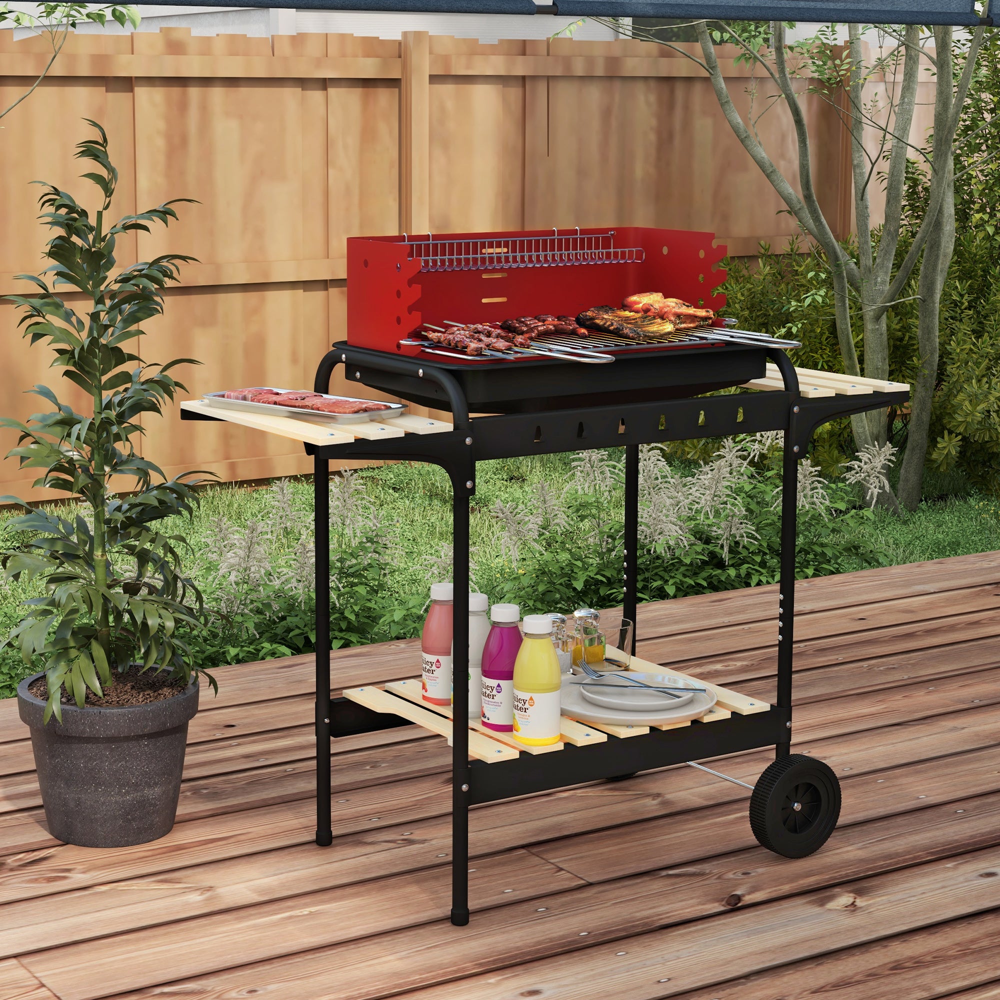 Adjustable Height Charcoal BBQ Grill Trolley with Large Cooking Area - Red