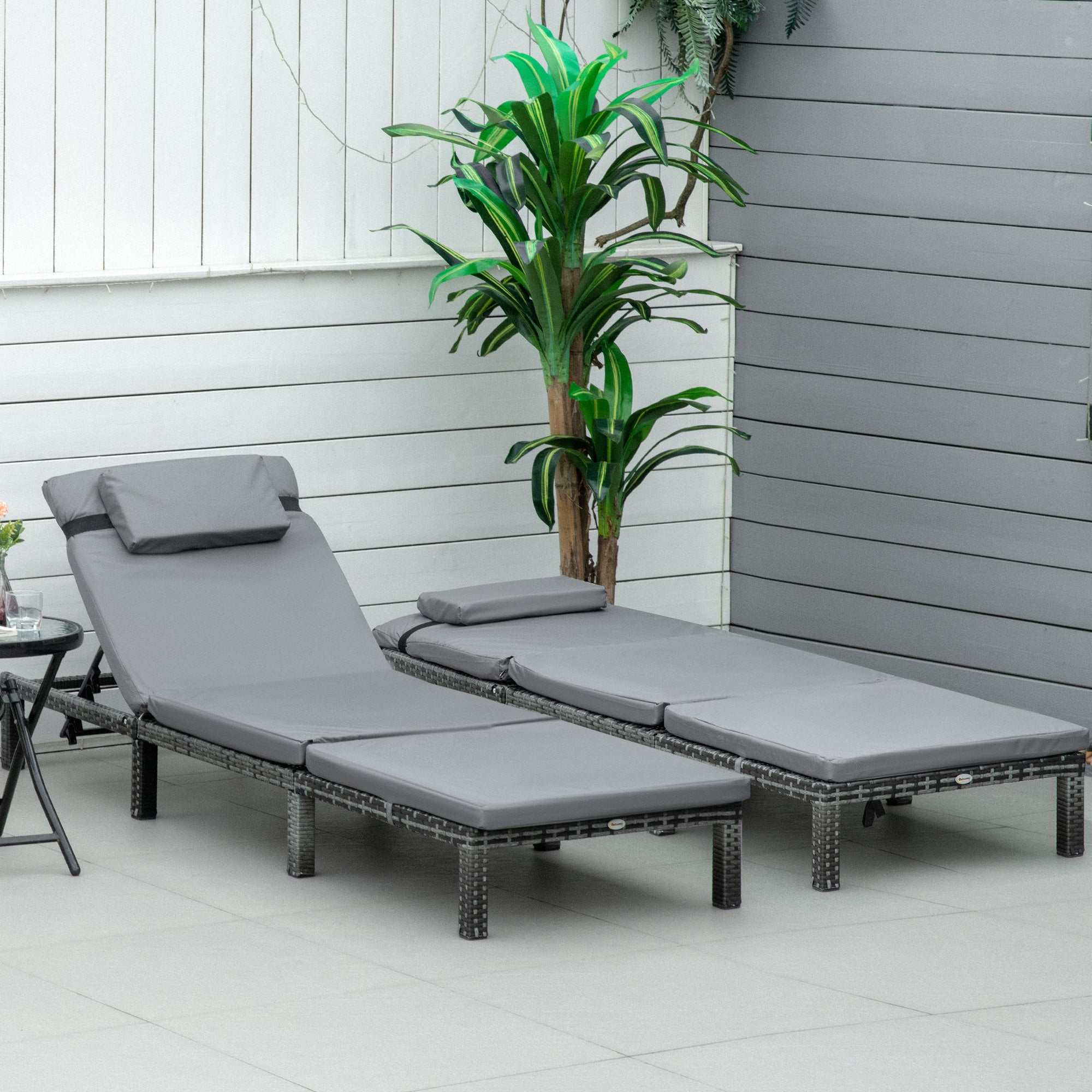 Set of 2 Outdoor PE Rattan Sun Loungers with Cushions Grey