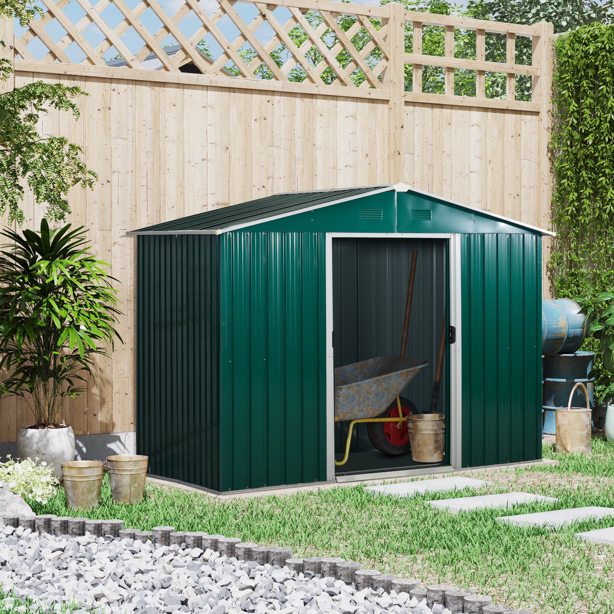 8x6 ft Metal Garden Storage Shed with Ventilation and Sliding Doors Green