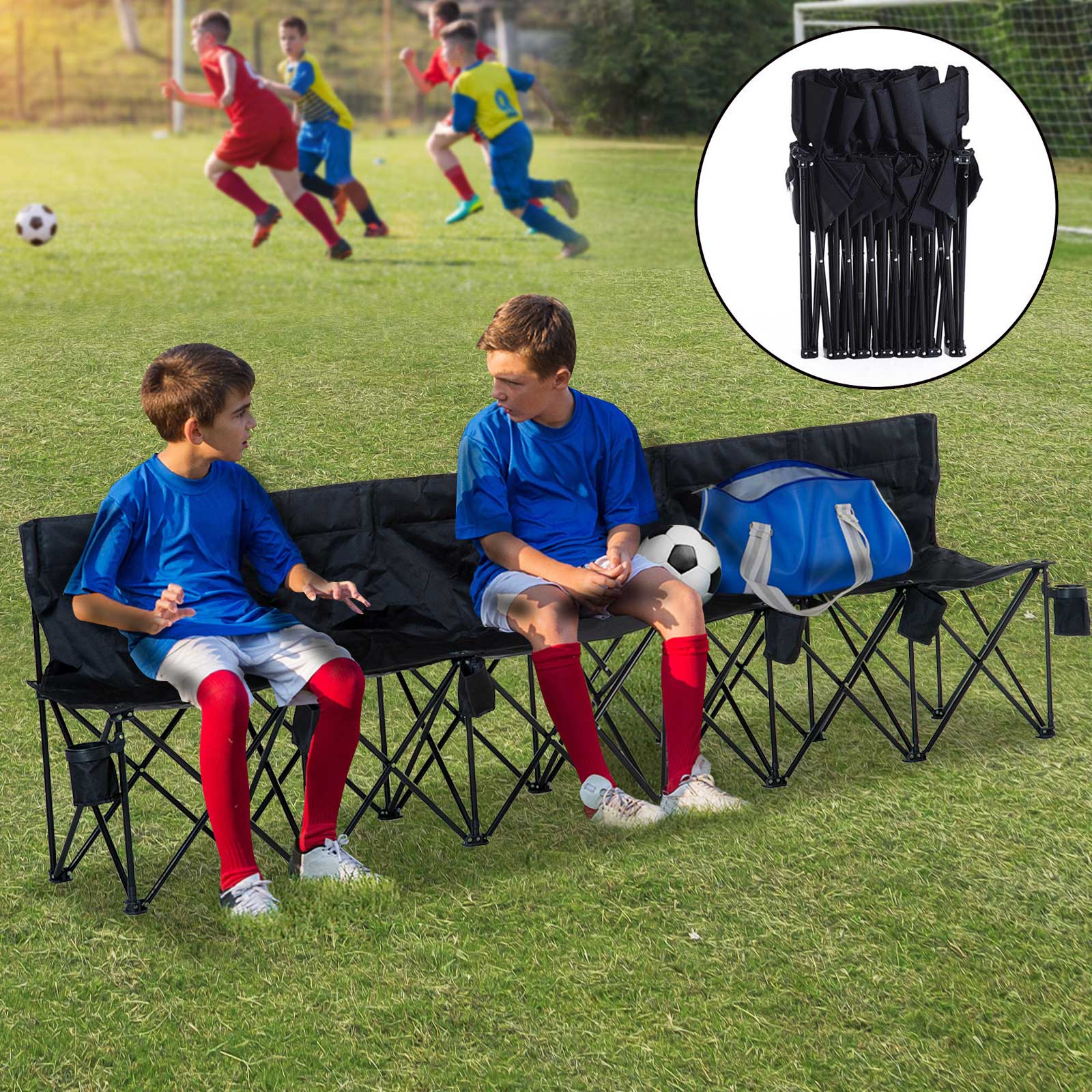 6 Seater Folding Sports Bench with Cup Holders - Black