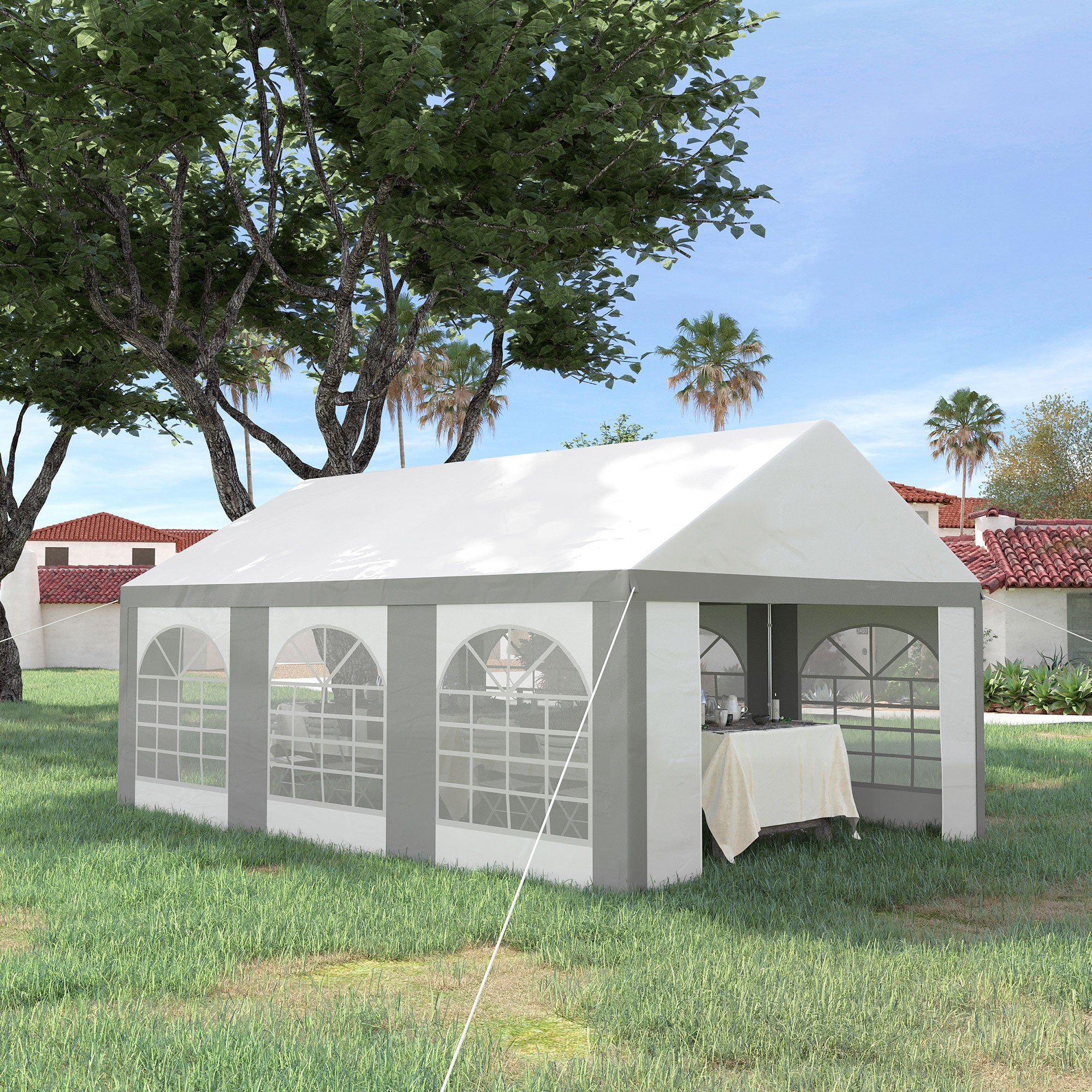 6 x 4m Galvanised Party Tent Marquee Gazebo with Sides, Windows & Double Doors - White & Grey